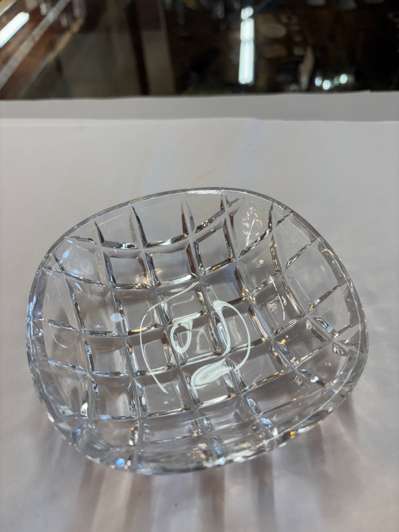 Vintage Cut Crystal Crosshatch Round Trinket Dish / Pin Tray – Heavy Lead Crystal Catchall