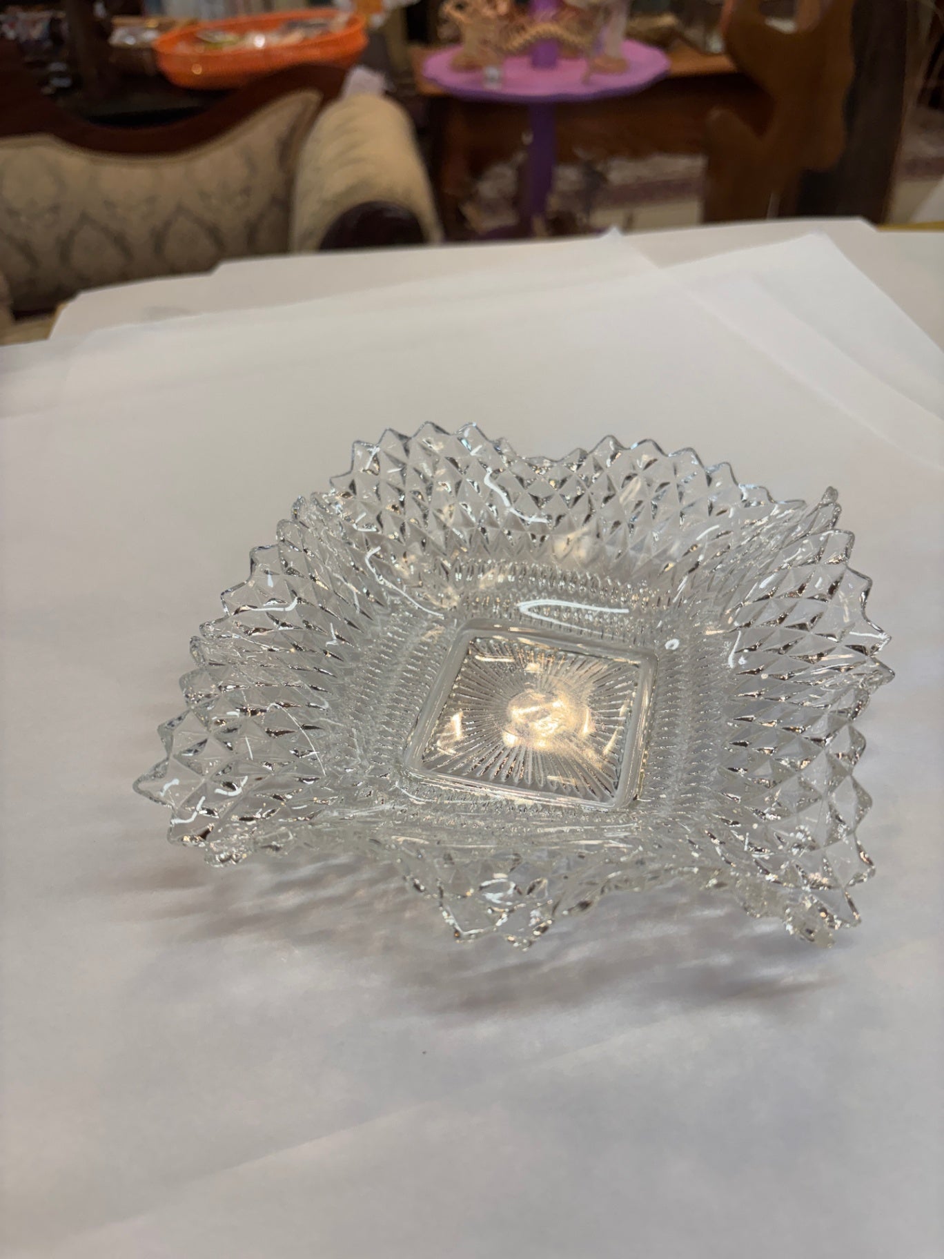 Vintage INDIANA GLASS Clear Square Ruffled Diamond Point Candy Nut Dish Bowl