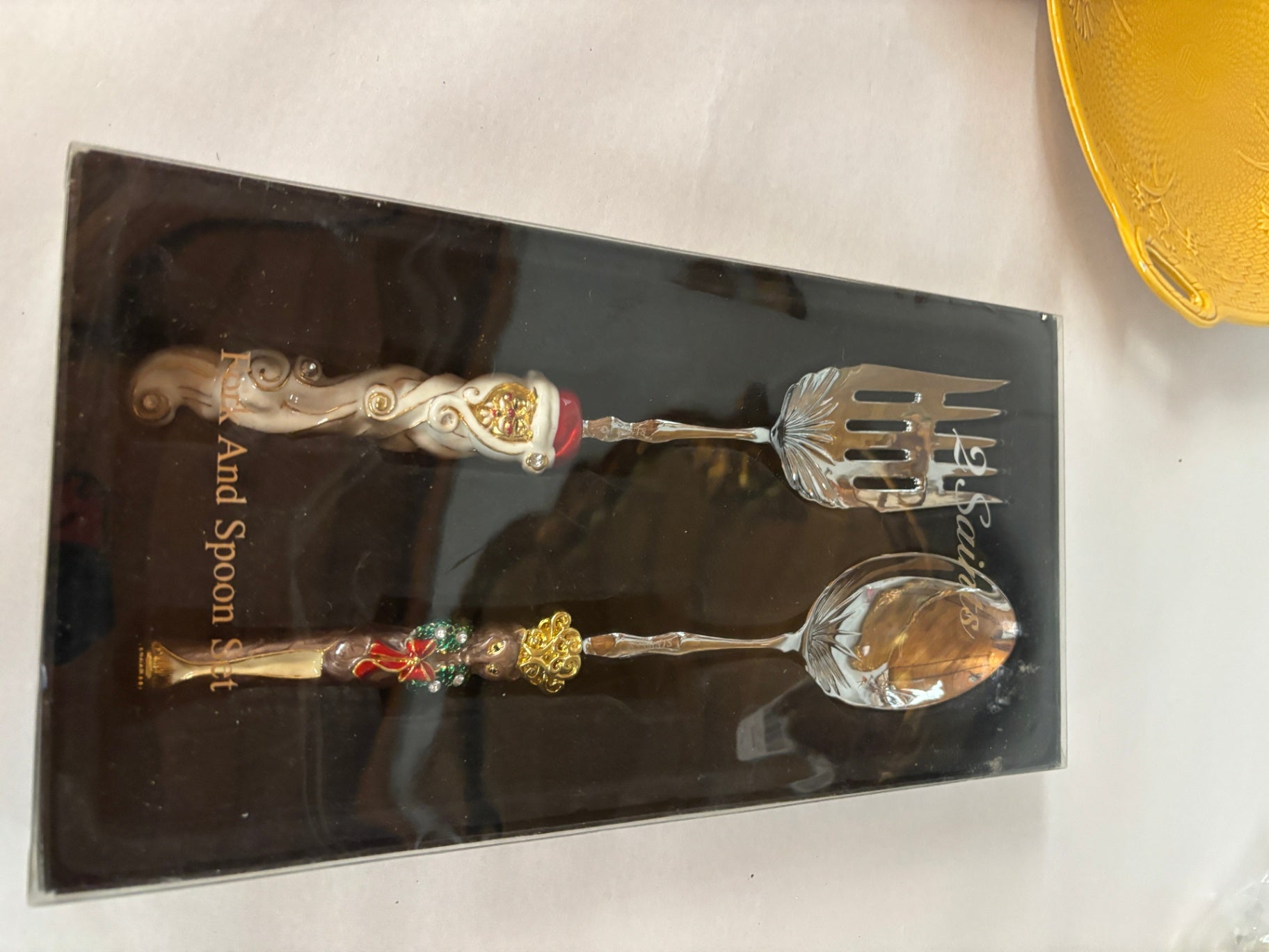 Vintage Hand-Painted Christmas Santa Claus Decorative Serving Fork & Spoon Set in Original Gift Box