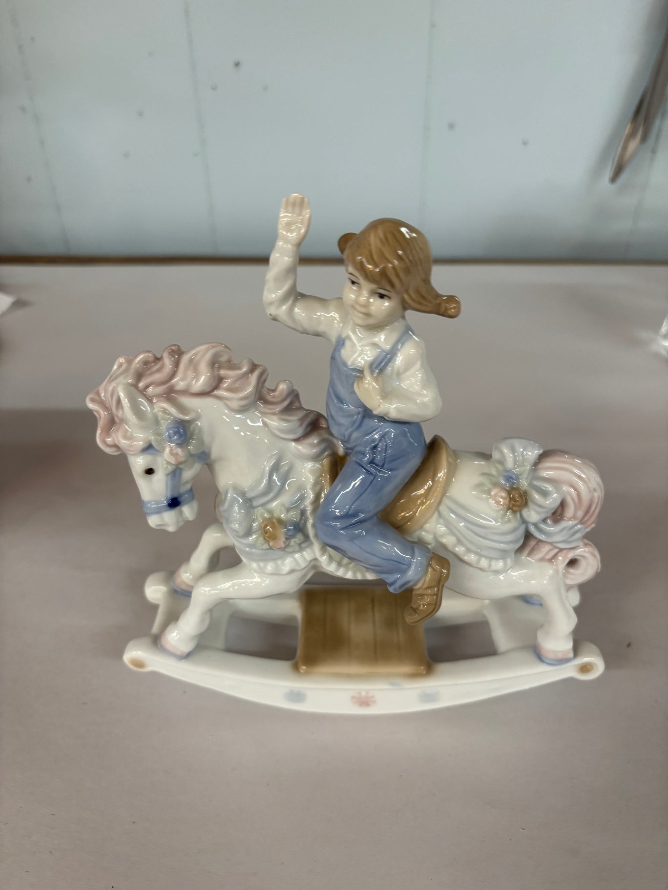 1991 Meico Paul Sebastian Figurine Girl Riding Rocking Horse Porcelain Figure