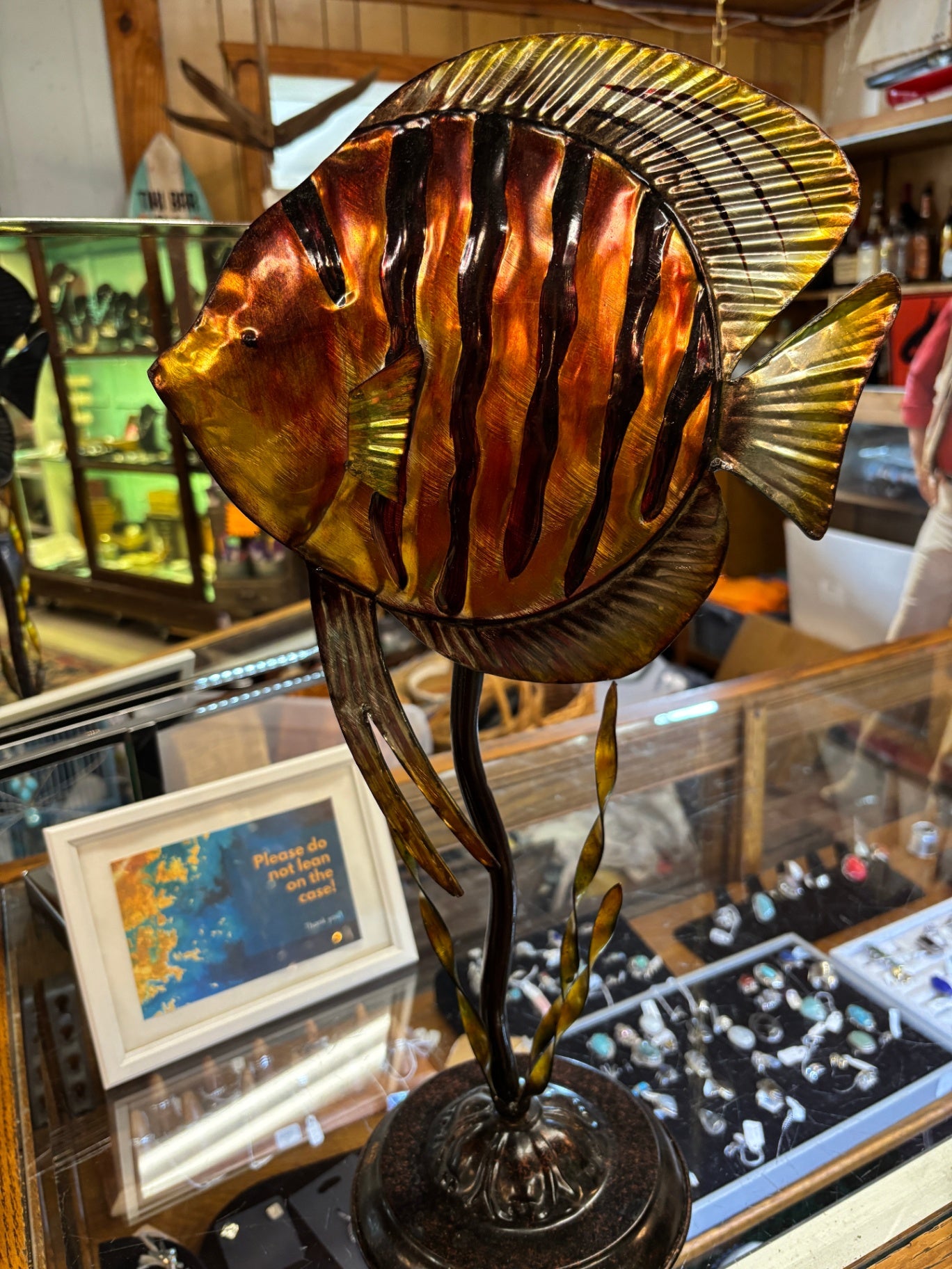 Enameled metal tropical fish sculpture, 