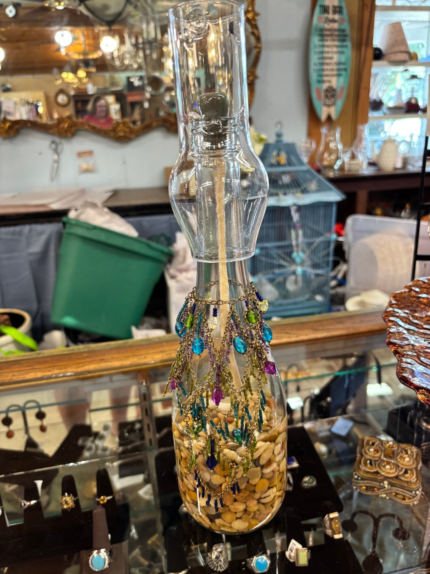 Decorative Glass Oil Lamp with Hurricane Chimney & Beaded Fringe – Coastal Cottage Accent