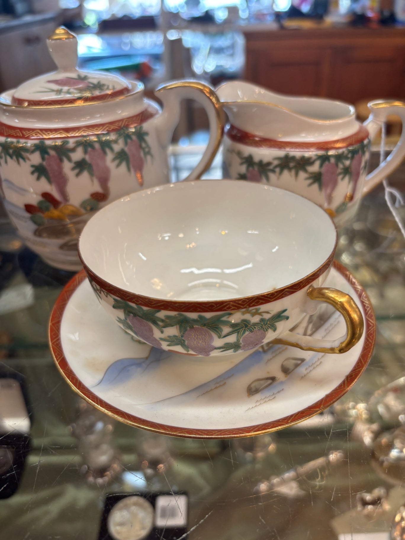 Vintage Japanese Kutani Style Porcelain Tea Set – Wisteria Pattern – Cup, Saucer, Creamer & Covered Sugar – Gold Trim