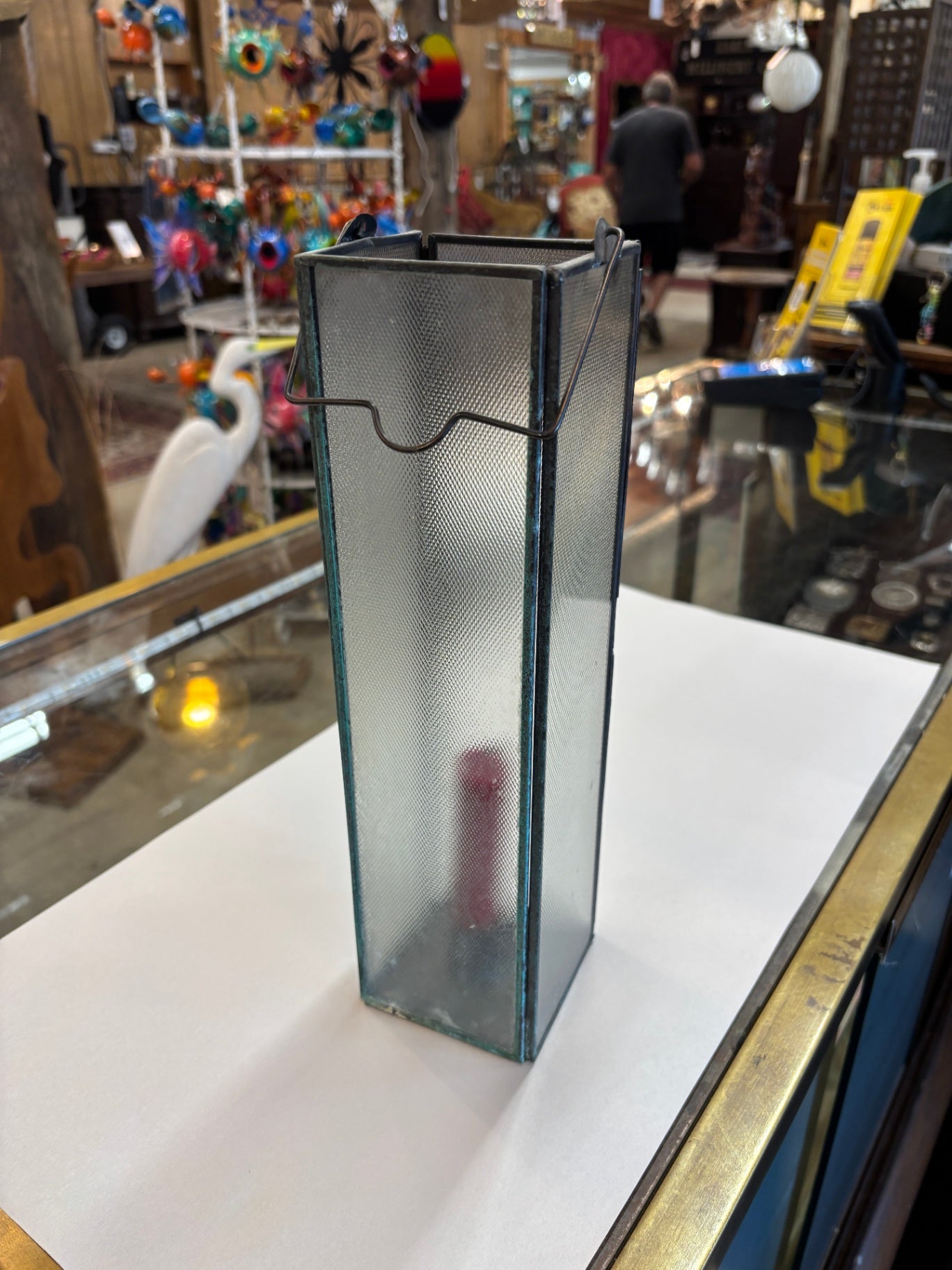 intage Frosted Textured Glass Hurricane Candle Lantern with Metal Frame