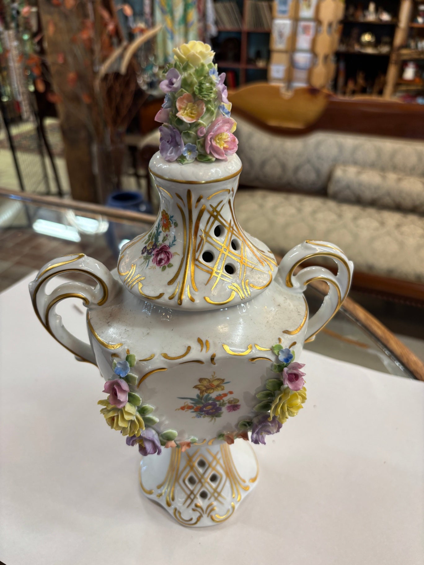 Dresden Sitzendorf Germany Flower Cherub Urn Jar Lid Handle