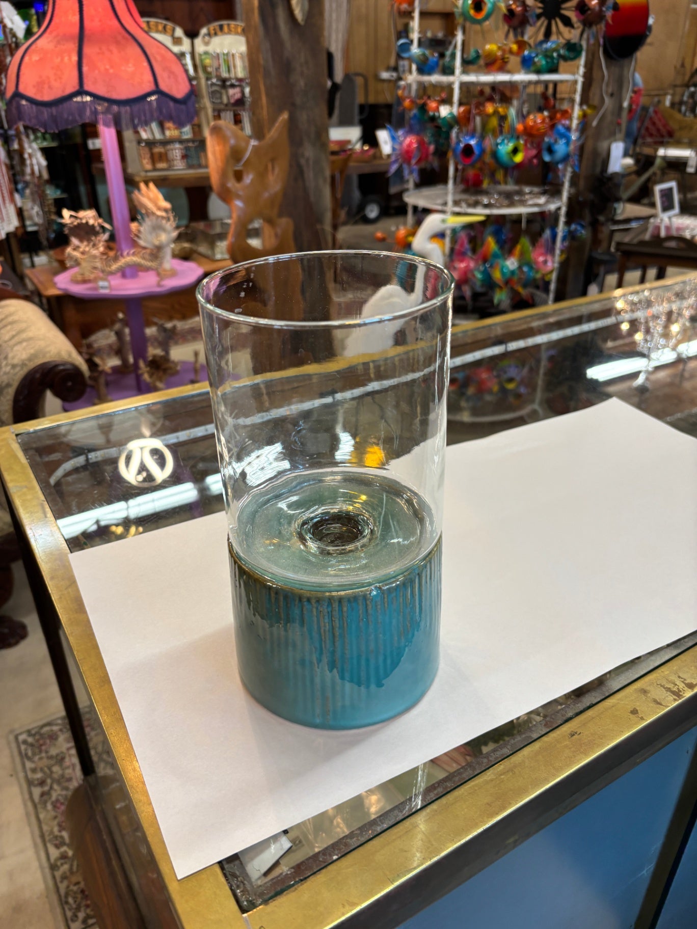 Modern Blue Ribbed Ceramic & Glass Hurricane Candle Holder Vase