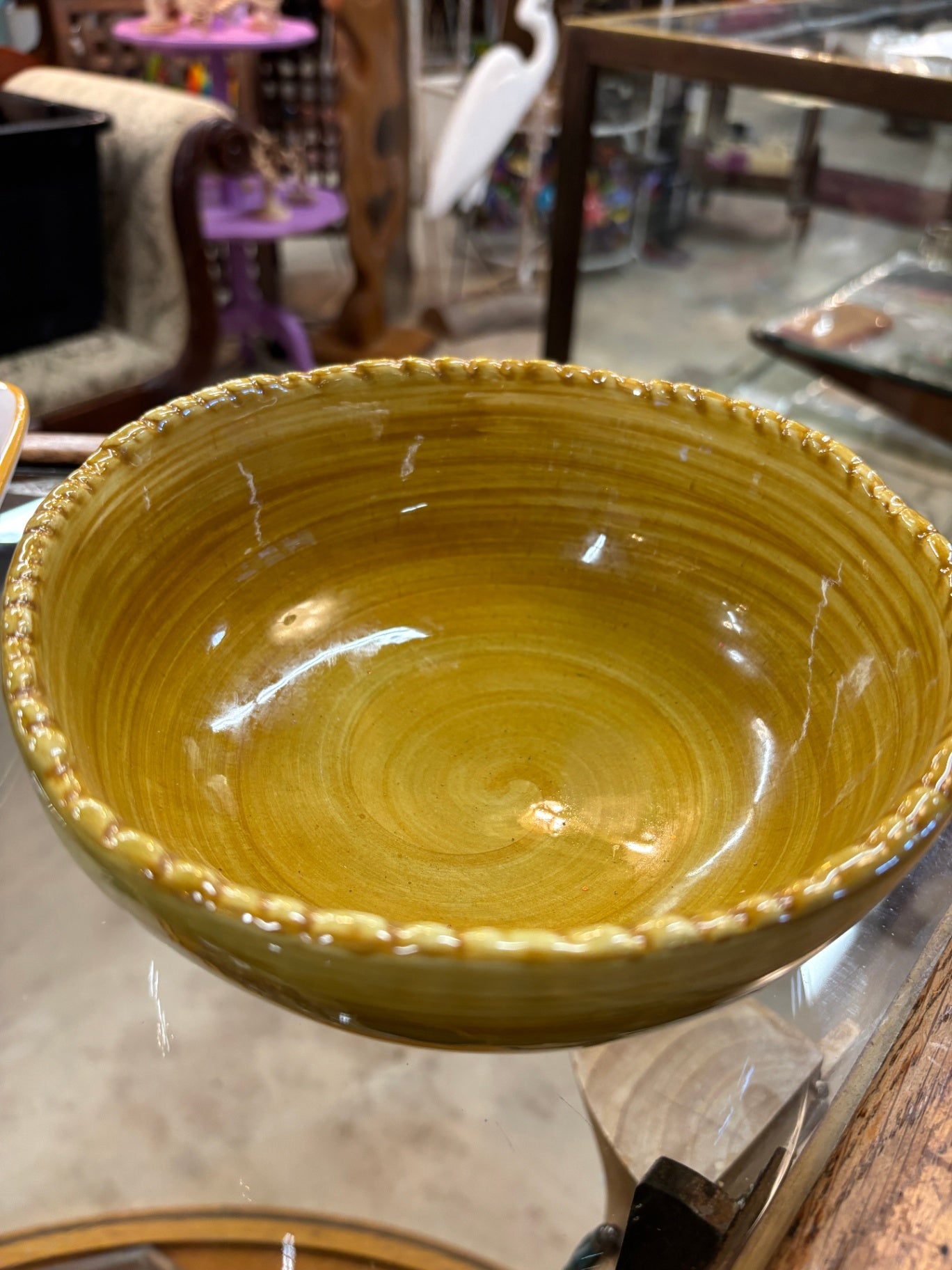 Italian Hand-Thrown Olive Green Glazed Pottery Serving Bowl – 8"