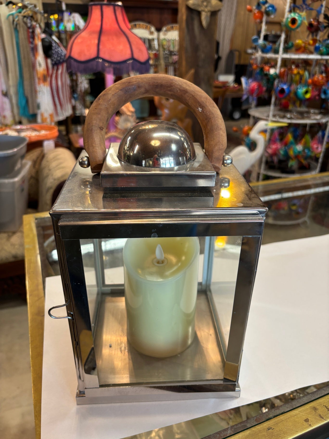 Decorative Silver Metal Candle Lantern with Loop Handle