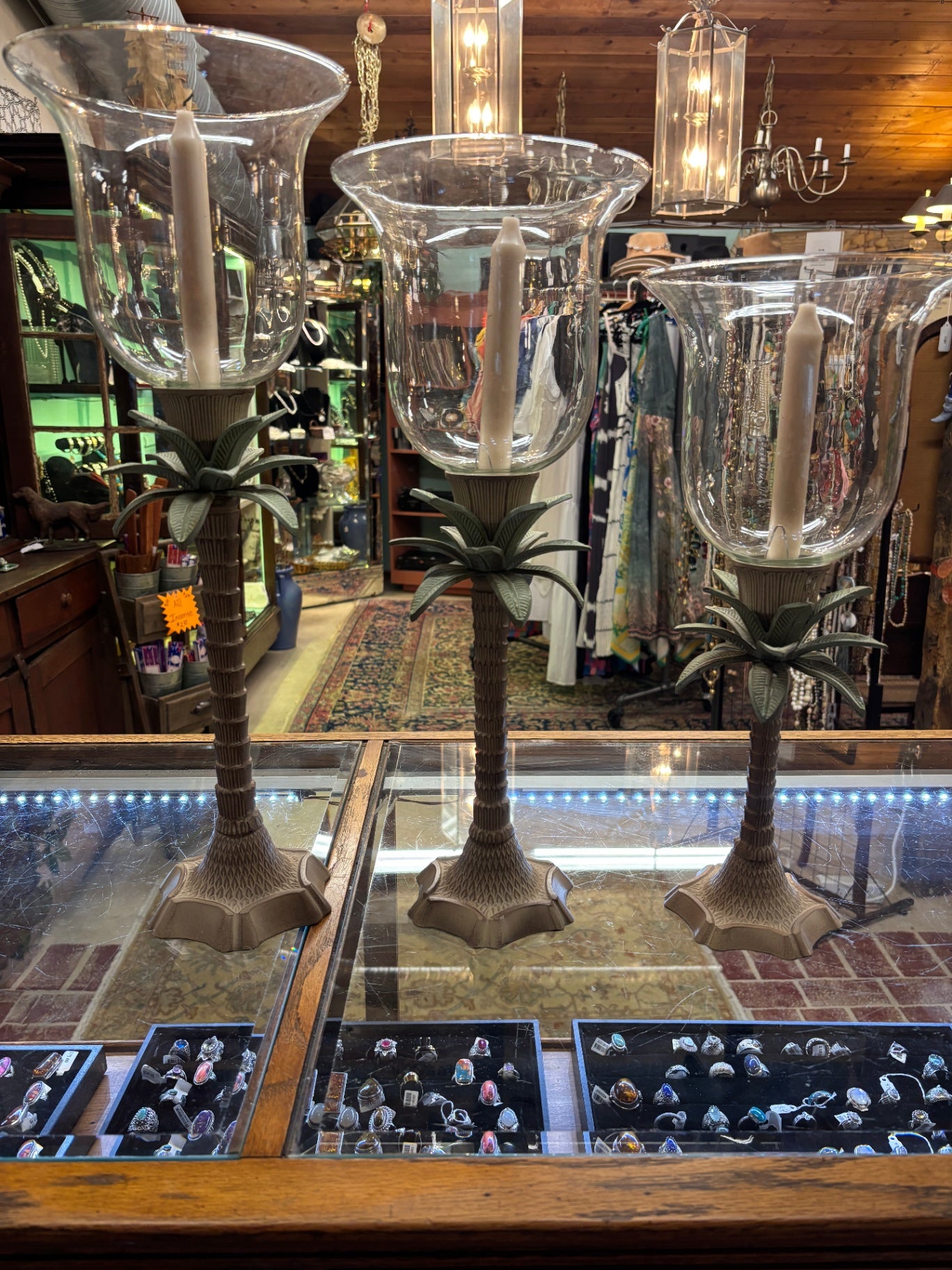 Set of Three Palm Tree Glass Hurricane Candle Holders