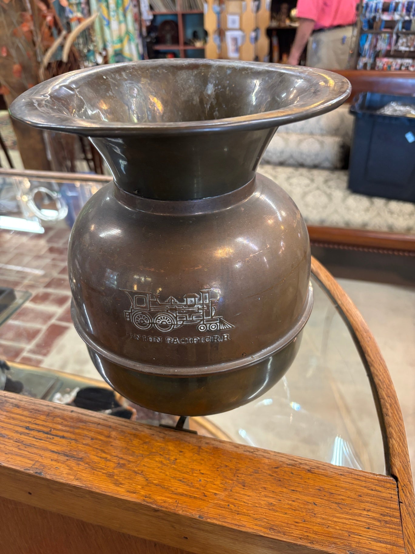 Vintage Brass Union Pacific Railroad Train Spittoon Double Embossed 10" X 9"