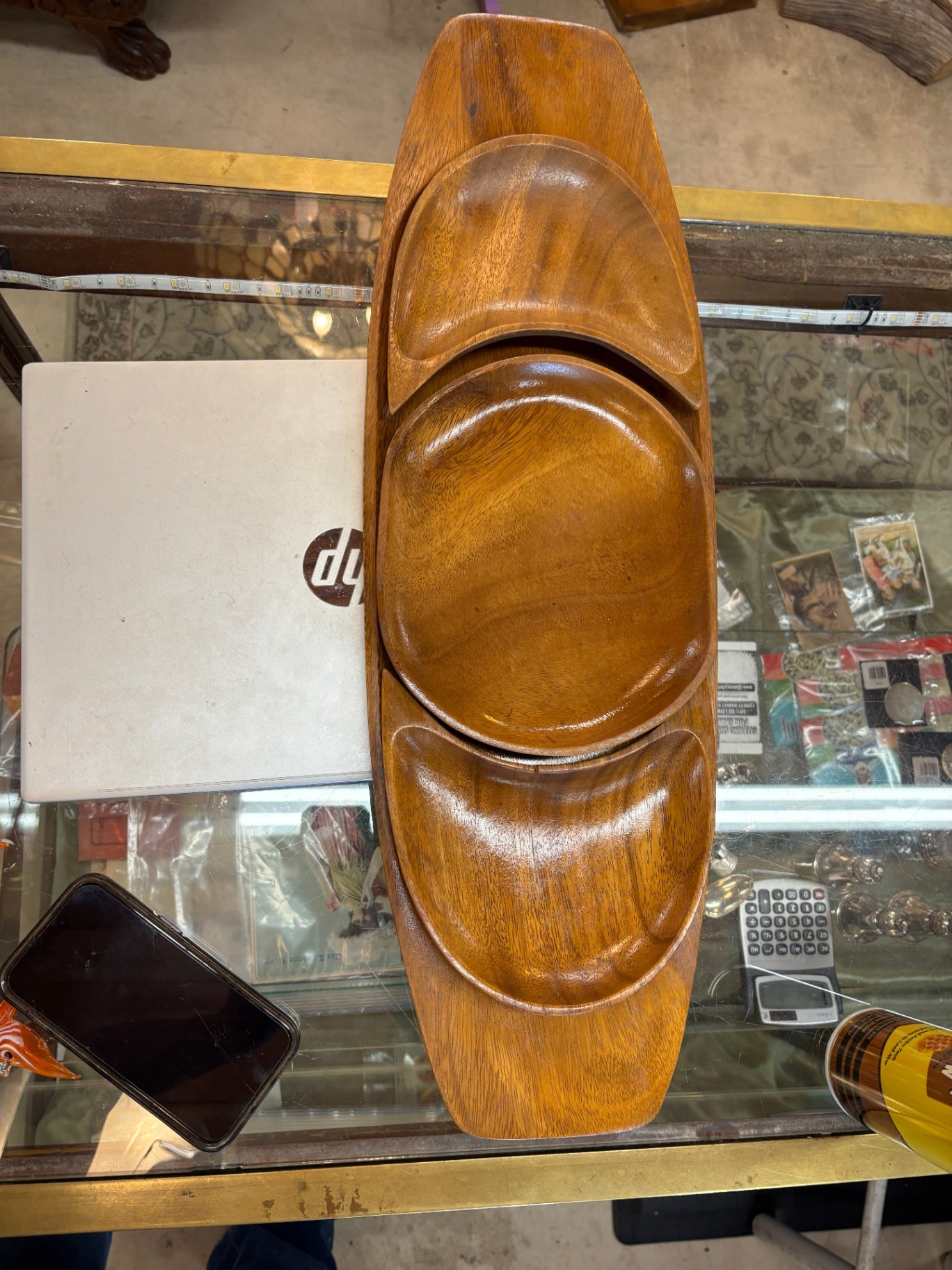 Vintage Teak Monkey Pod Snack Platter With Removable Trays