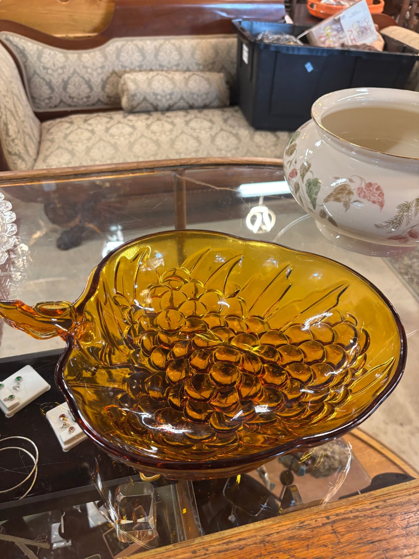Mid-Century Vintage Indiana Glass Amber Grapes Fruit Serving Bowl