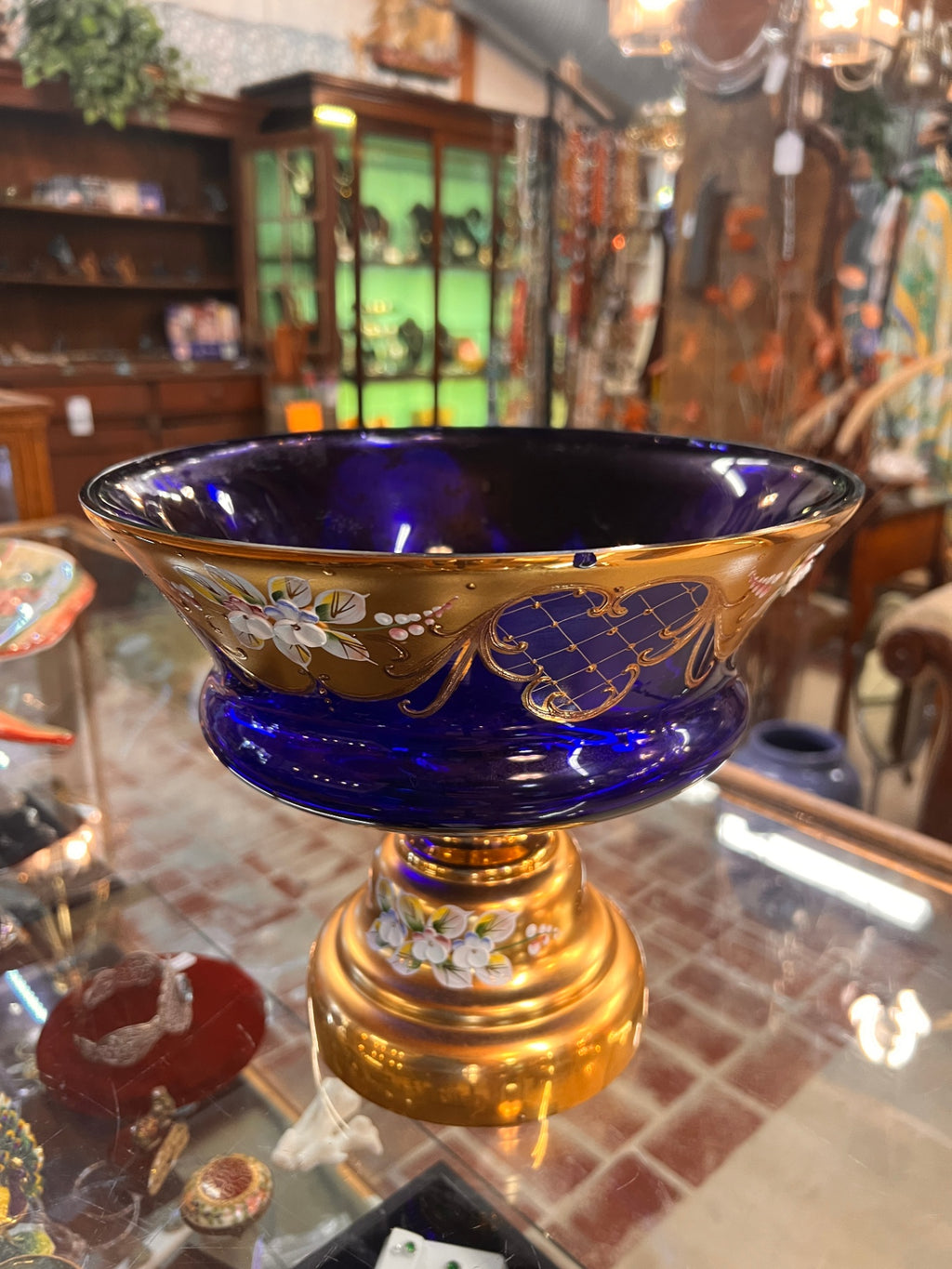 Vintage Bohemia Czech Cobalt Blue 24% Lead Crystal Pedestal Compote Bowl – Hand Painted Gold & Enamel Flowers