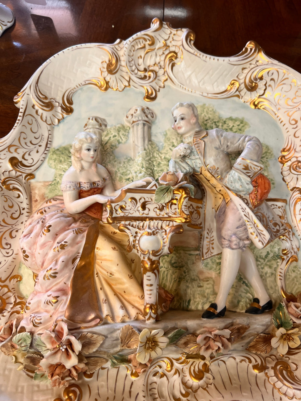 Large Victorian Style Capodimonte Porcelain Wall Plaque with Courting Couple at Piano – Hand Painted, Gilt Relief