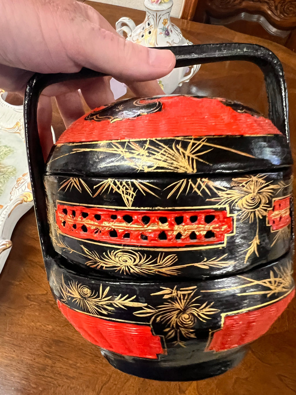 Vintage Japanese Black & Red Lacquer Wedding Food Basket (Jubako) with Handle – Hand Painted Gold Pine & Crane Motif