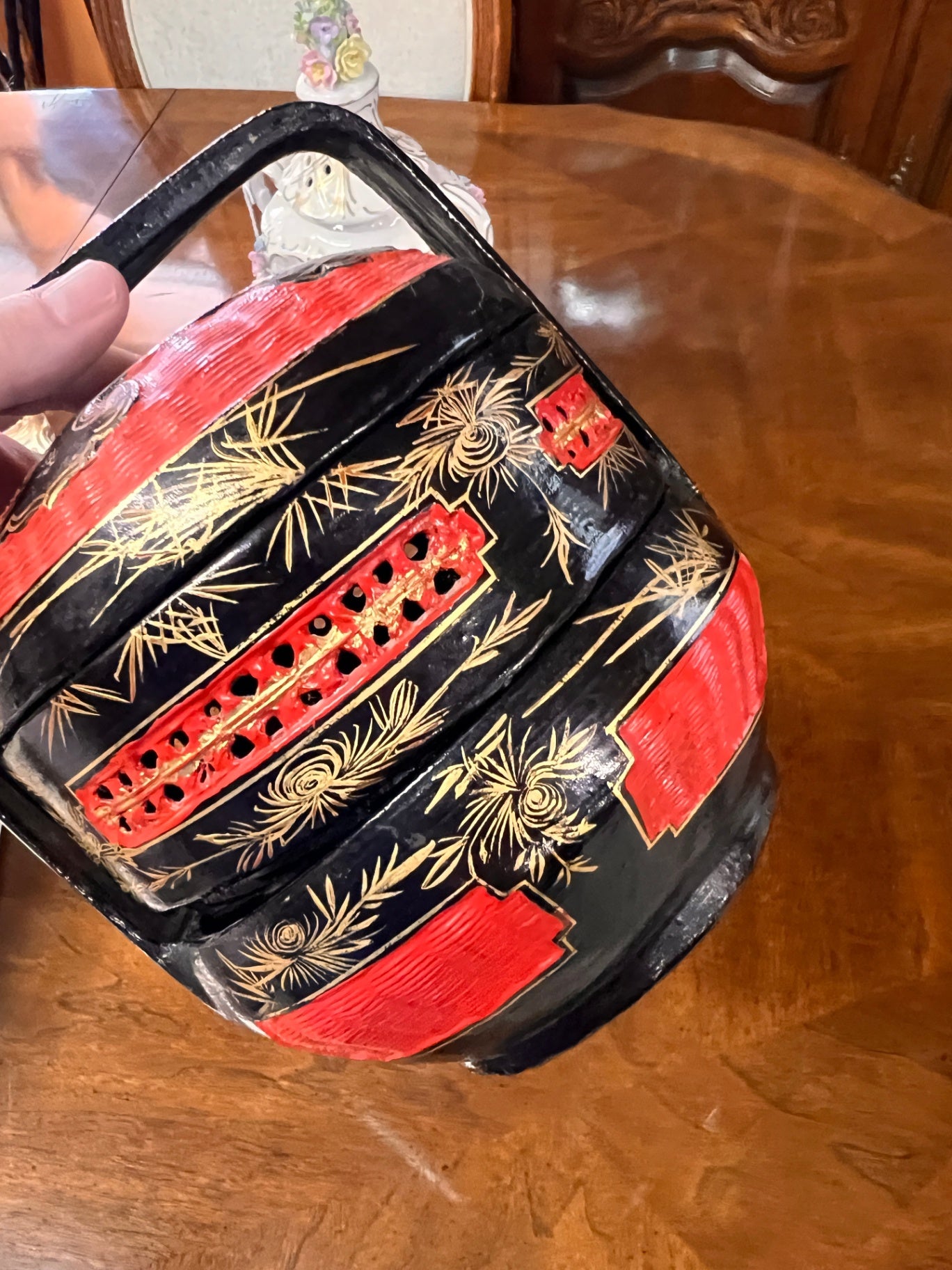 Vintage Japanese Black & Red Lacquer Wedding Food Basket (Jubako) with Handle – Hand Painted Gold Pine & Crane Motif