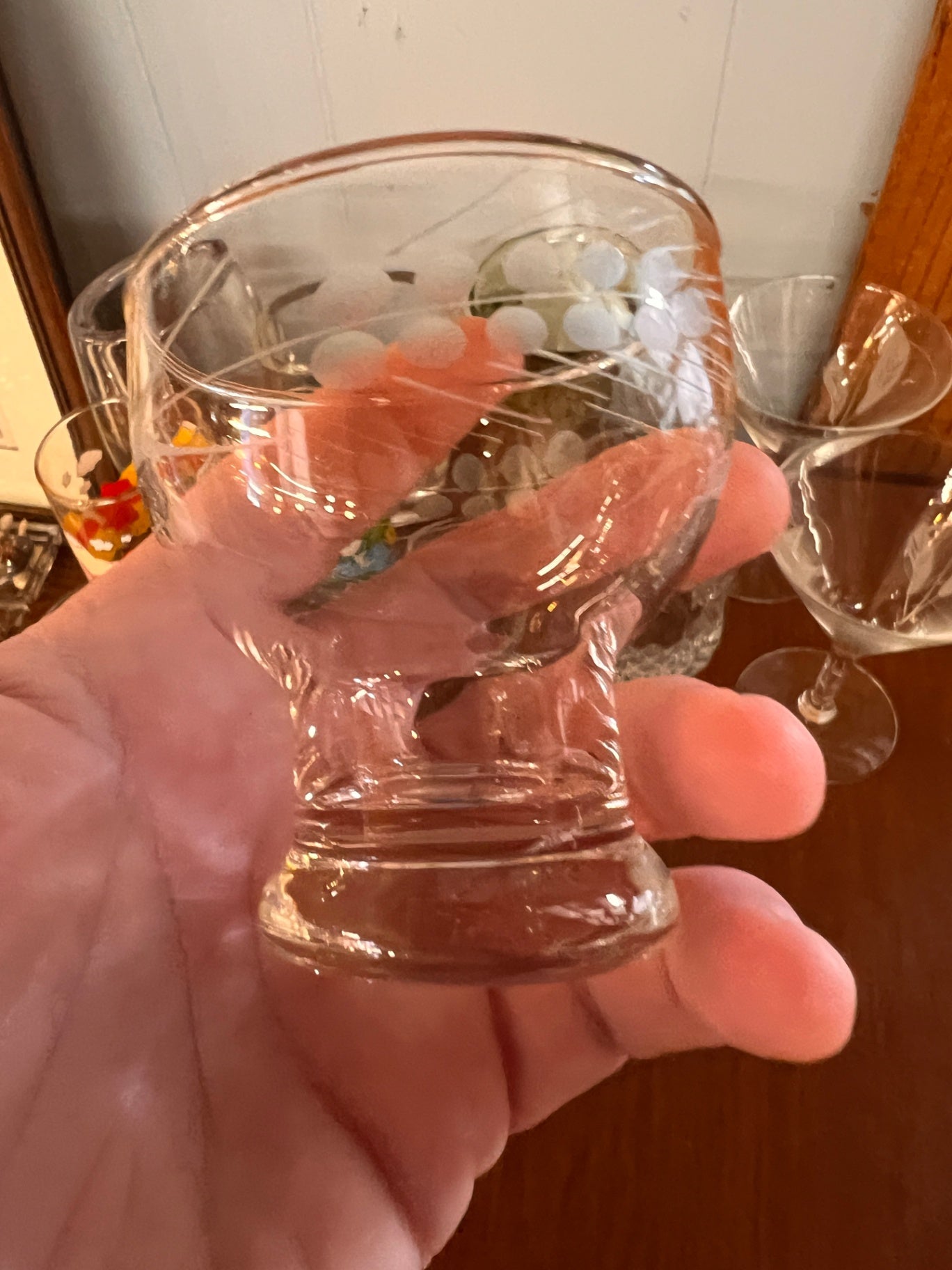vintage, short-stemmed crystal cordial glass featuring a delicate etched pattern