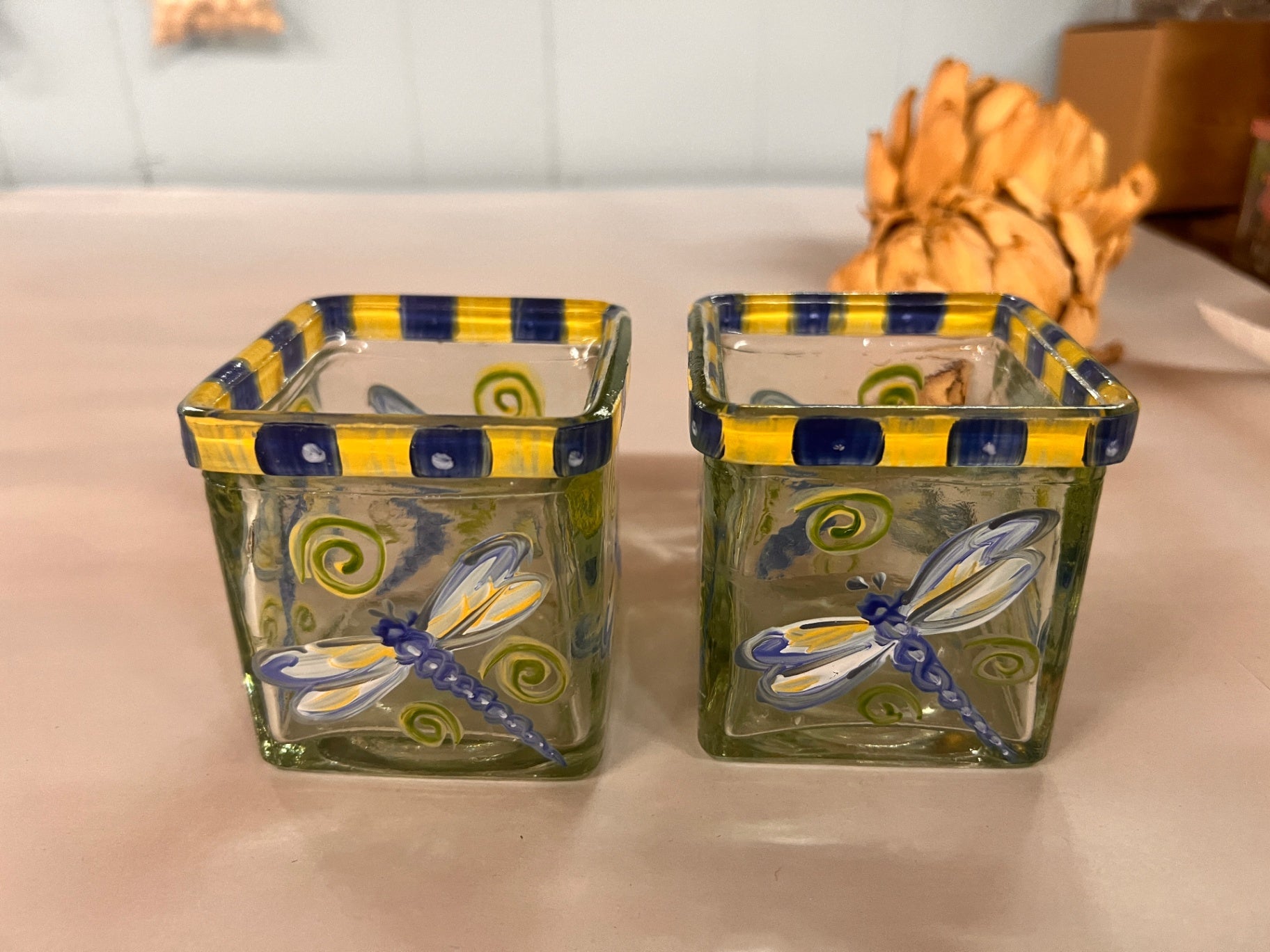 Pair of Clear, blue, yellow, green Glass Jar Votive