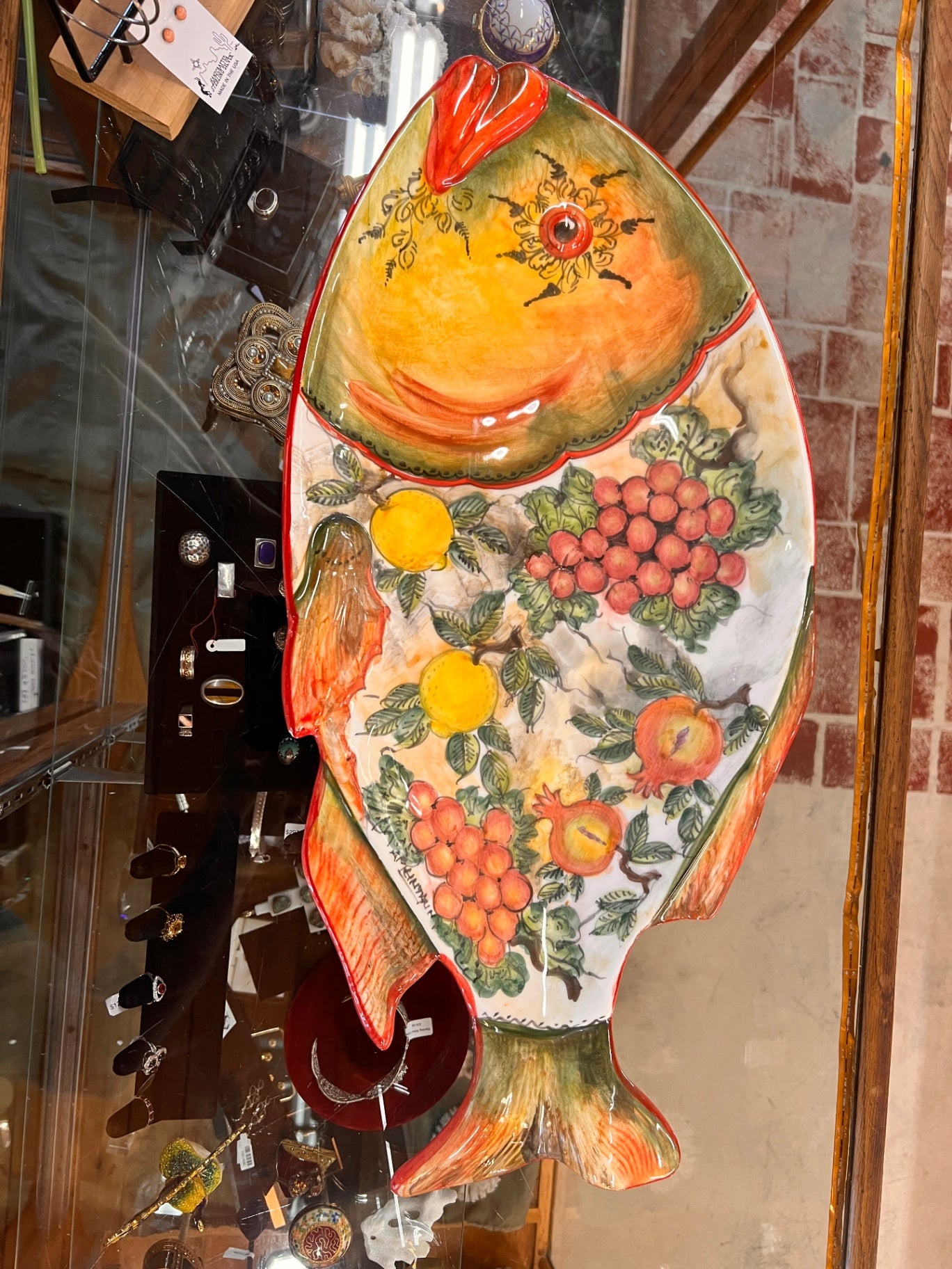 Large Hand-Painted Greek Ceramic Fish Platter Wall Hanging – Fruit Motif – Signed Artist – Made in Greece