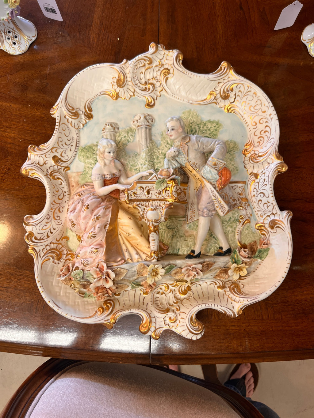 Large Victorian Style Capodimonte Porcelain Wall Plaque with Courting Couple at Piano – Hand Painted, Gilt Relief