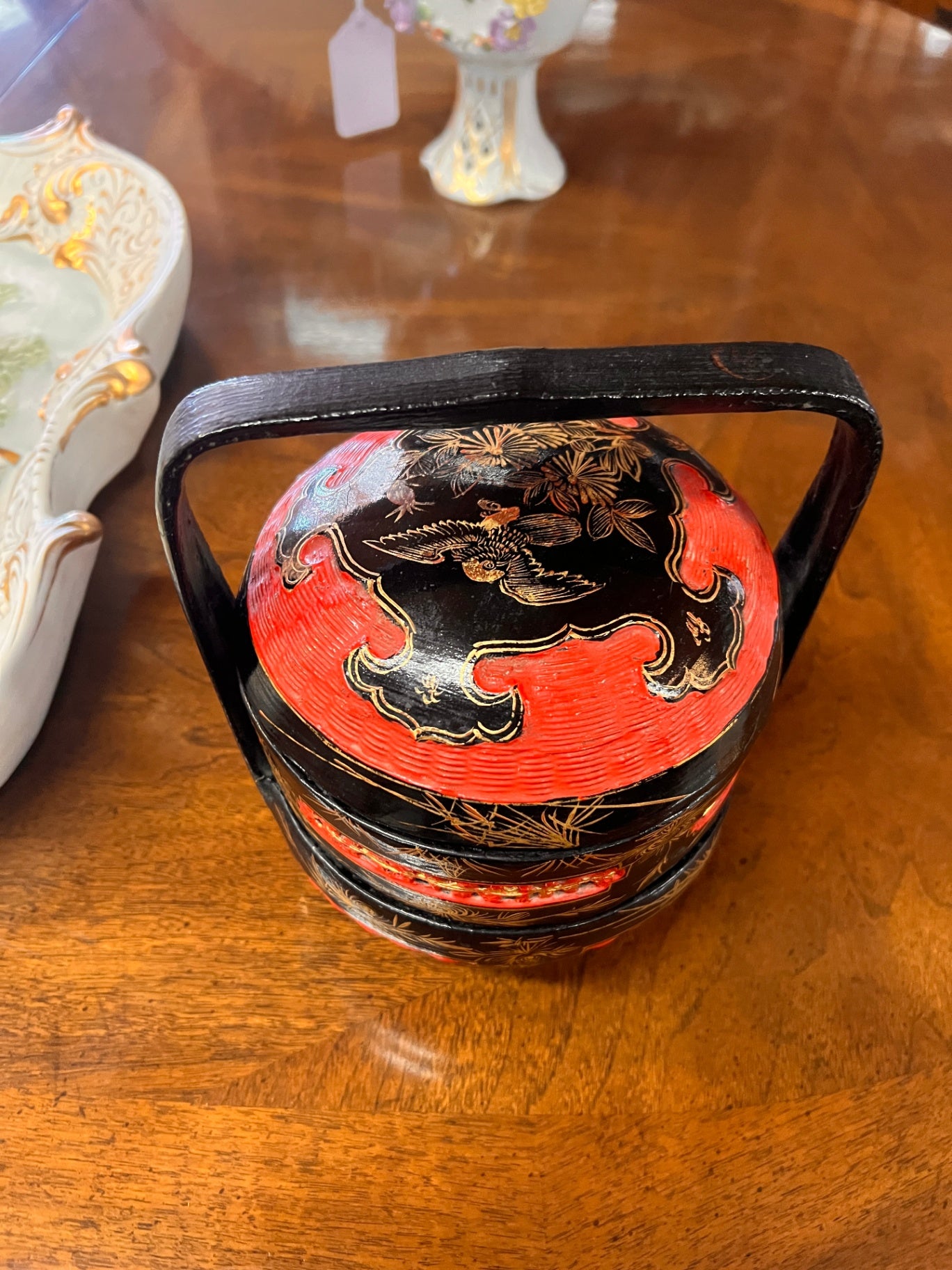 Vintage Japanese Black & Red Lacquer Wedding Food Basket (Jubako) with Handle – Hand Painted Gold Pine & Crane Motif