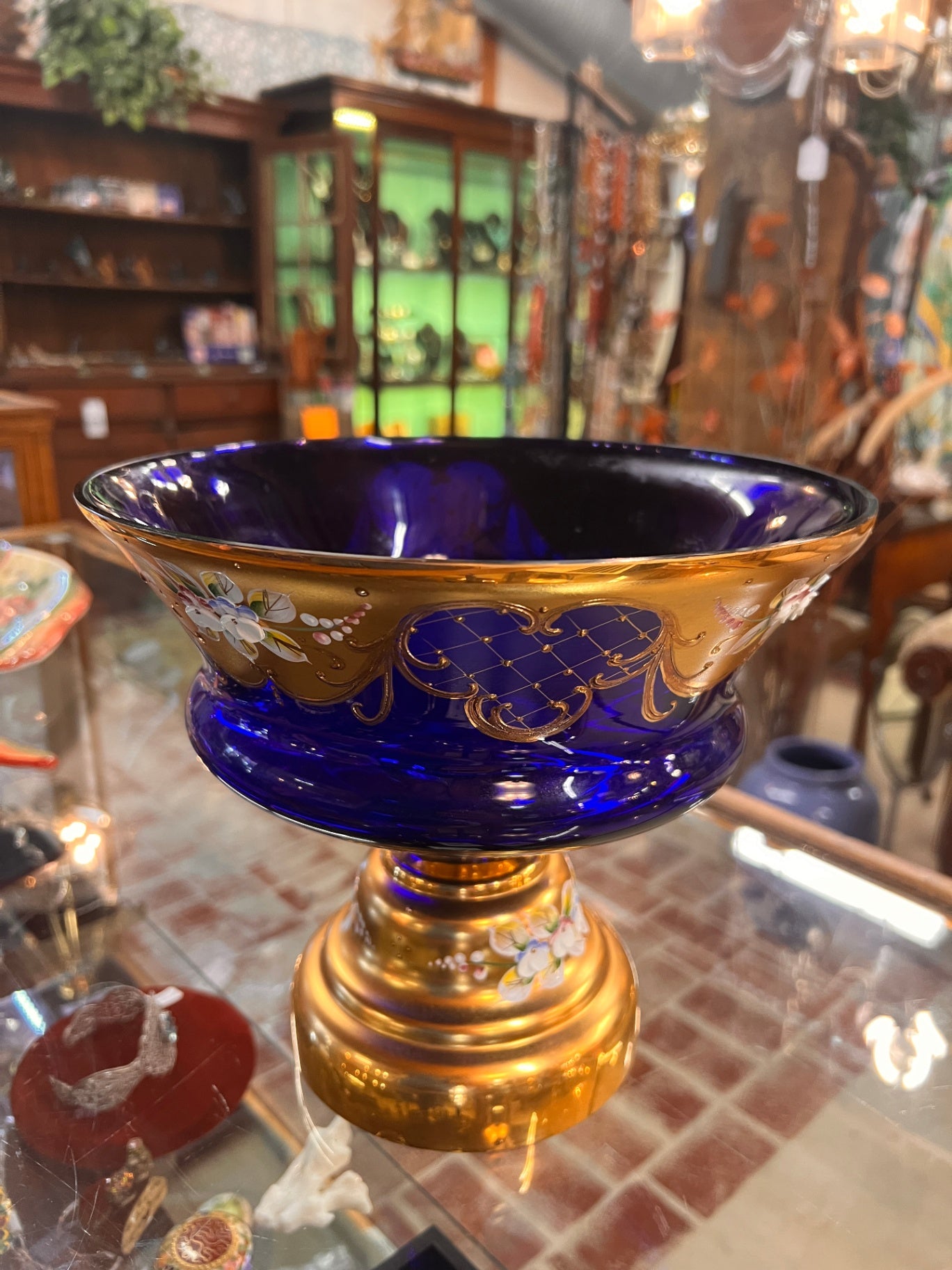 Vintage Bohemia Czech Cobalt Blue 24% Lead Crystal Pedestal Compote Bowl – Hand Painted Gold & Enamel Flowers