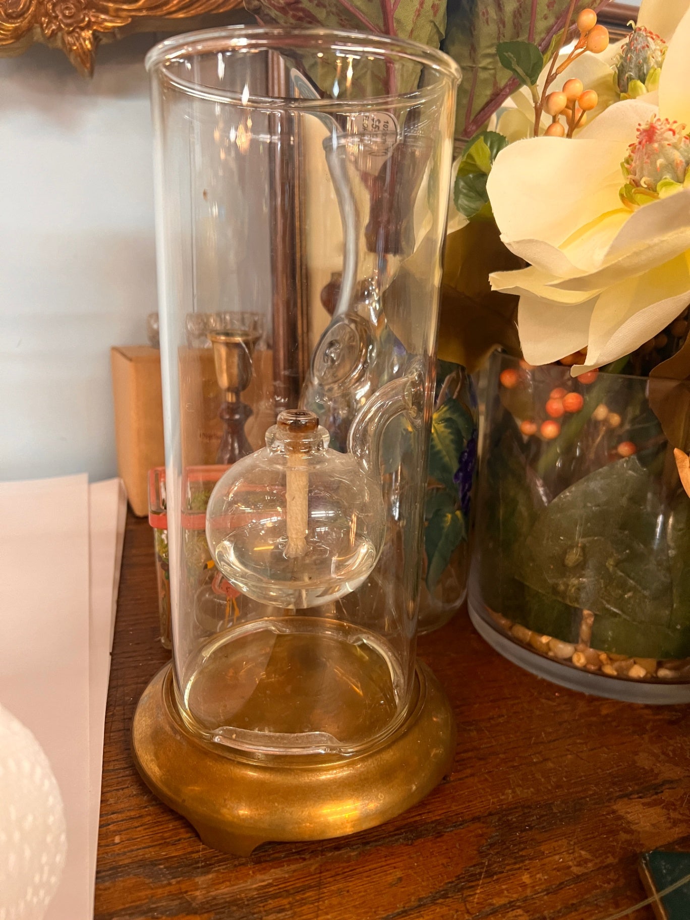 Vintage Clear Glass Hurricane Oil Lamp with Brass Tone Base & Cylinder Chimney – Finger Loop Kerosene Lamp