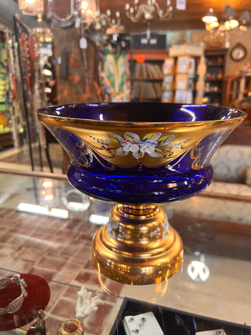 Vintage Bohemia Czech Cobalt Blue 24% Lead Crystal Pedestal Compote Bowl – Hand Painted Gold & Enamel Flowers