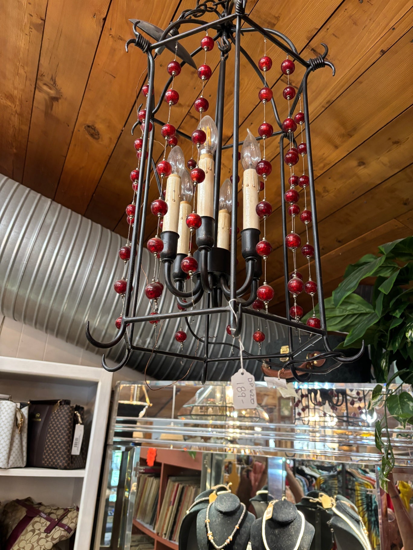  Wrought Iron Chandelier Features Ruby Red Beads