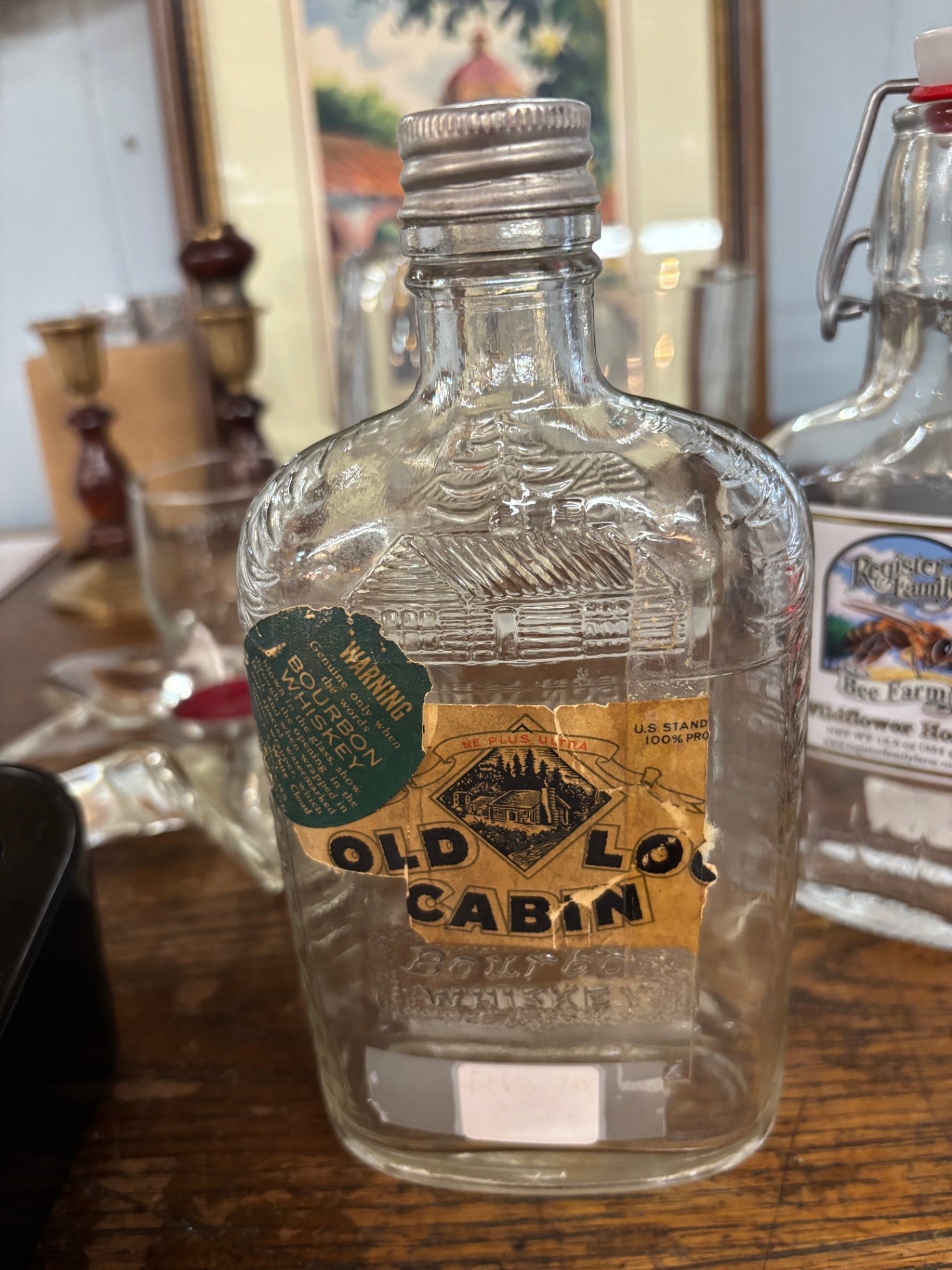 Vintage Old Log Cabin Bourbon Whiskey Bottle w/ Original Label & Cap – Embossed Advertising Bottle