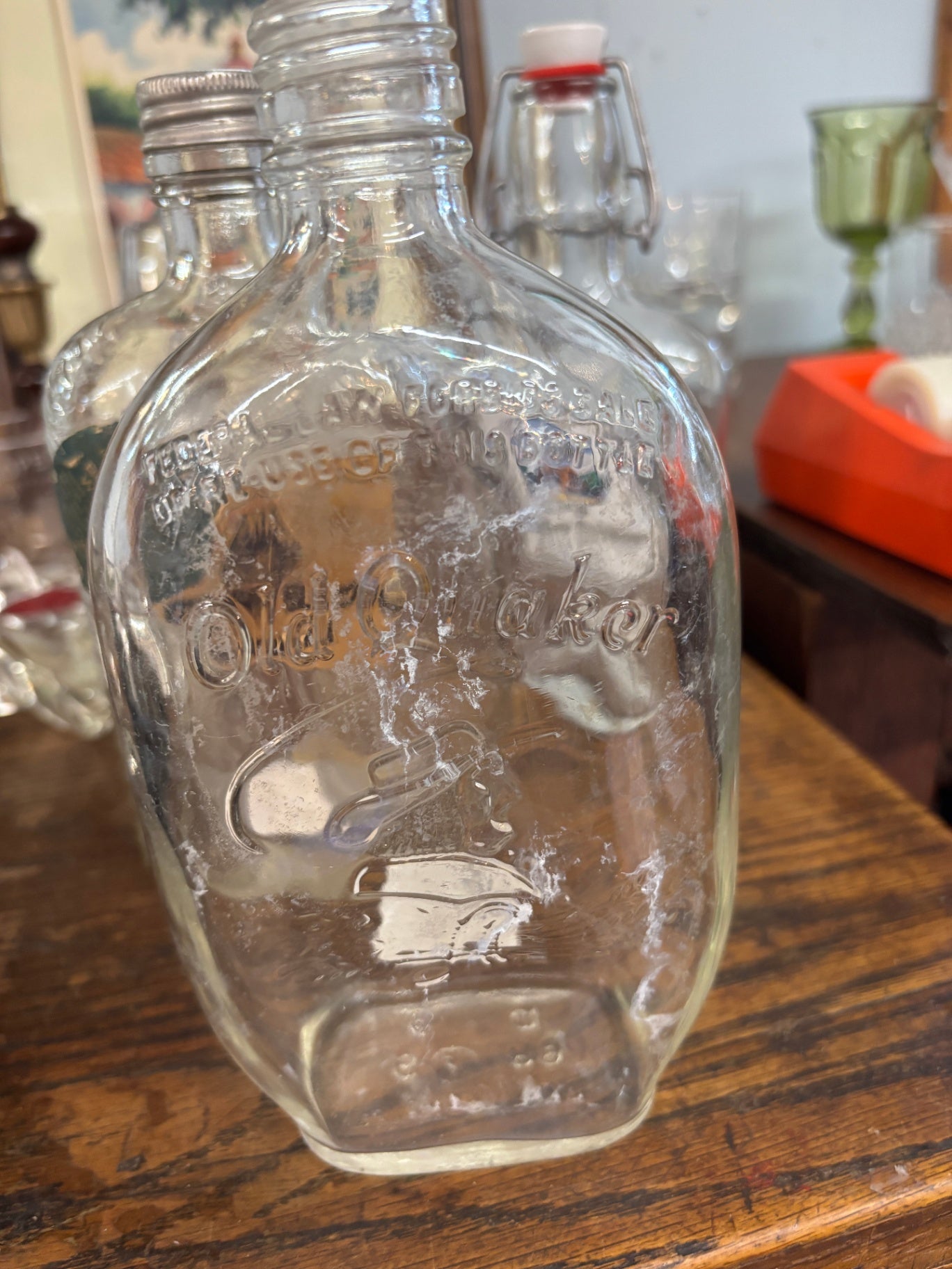 Vintage Old Quaker Embossed Kentucky Straight Bourbon Whiskey Bottle – Advertising Glass Flask