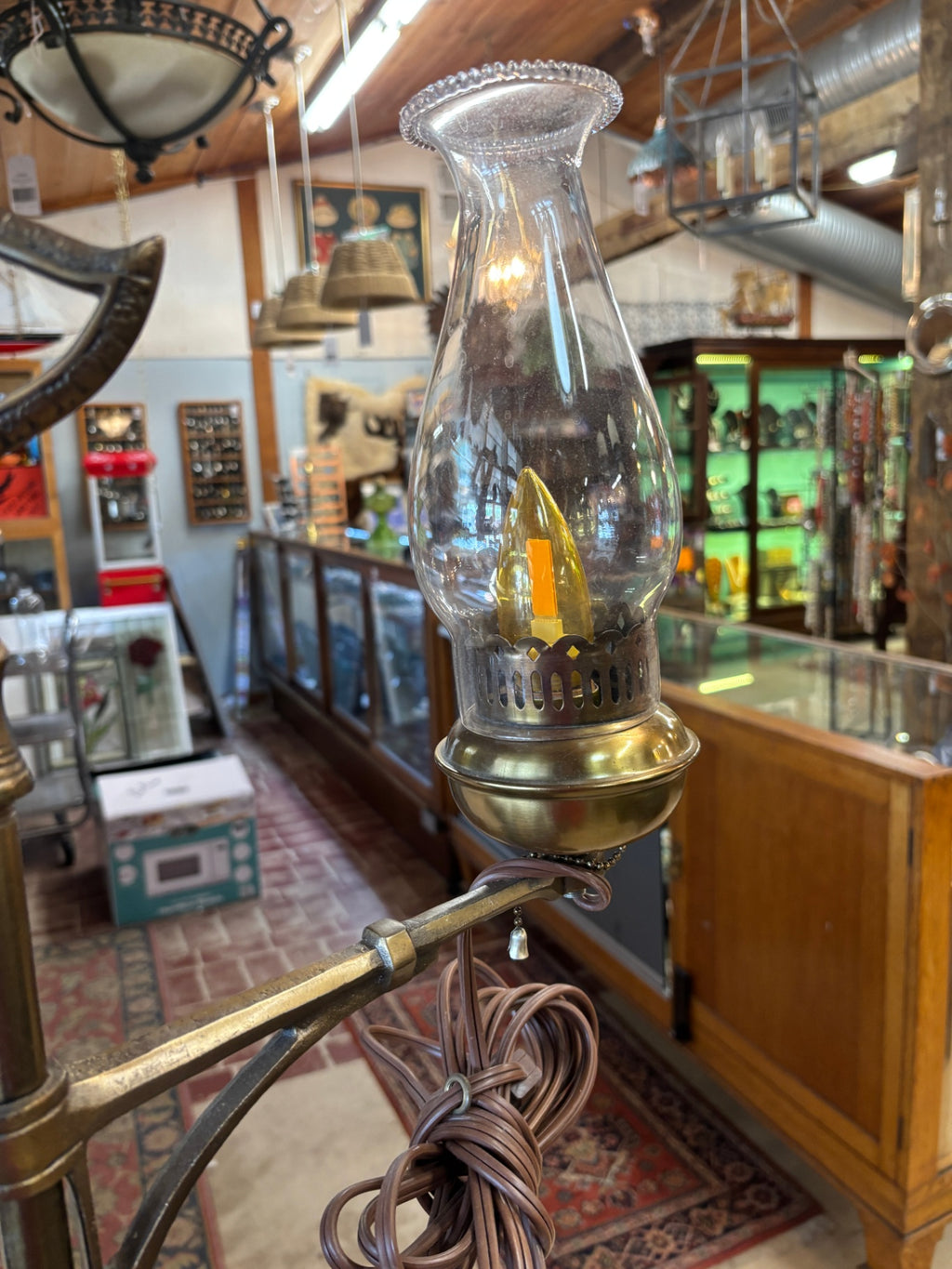 Vintage Brass Adjustable Student Floor Lamp with Hurricane Glass Shade – Colonial Style