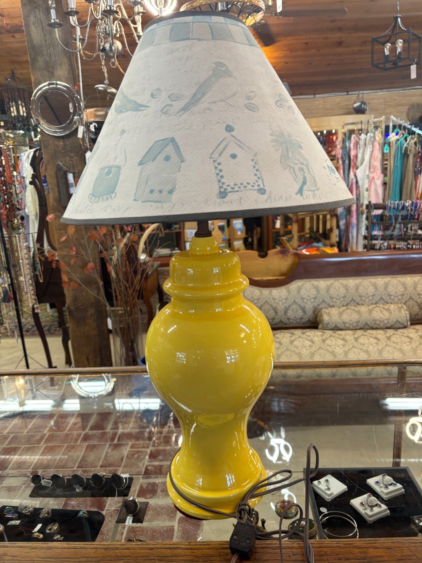 Vintage Mustard Yellow Ceramic Table Lamp with Folk Art Birdhouse Shade