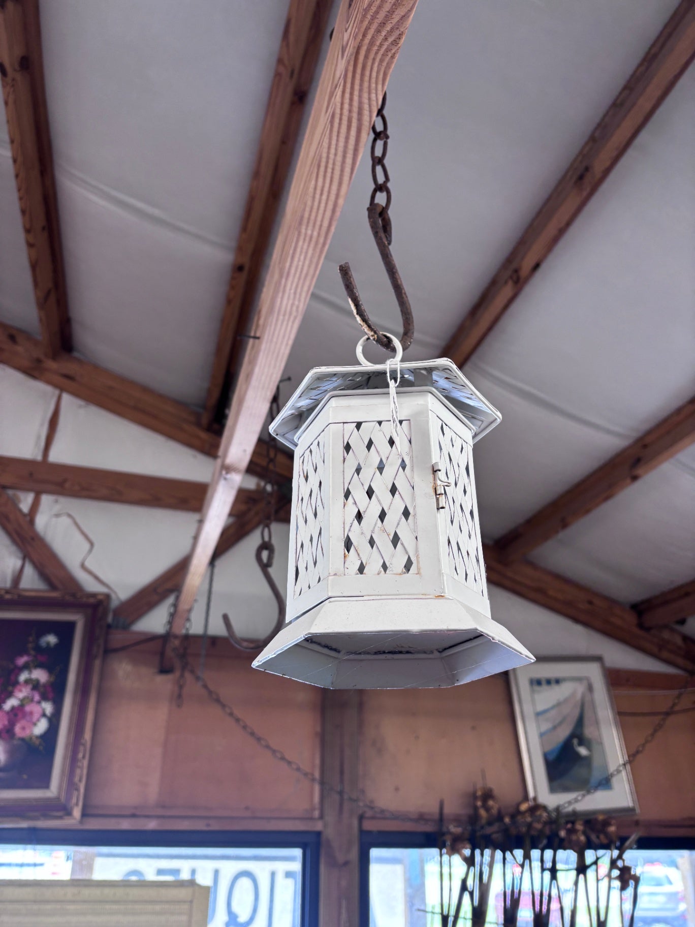 Vintage White Metal Hanging Lantern with Lattice Panels – Farmhouse Cottage Decor