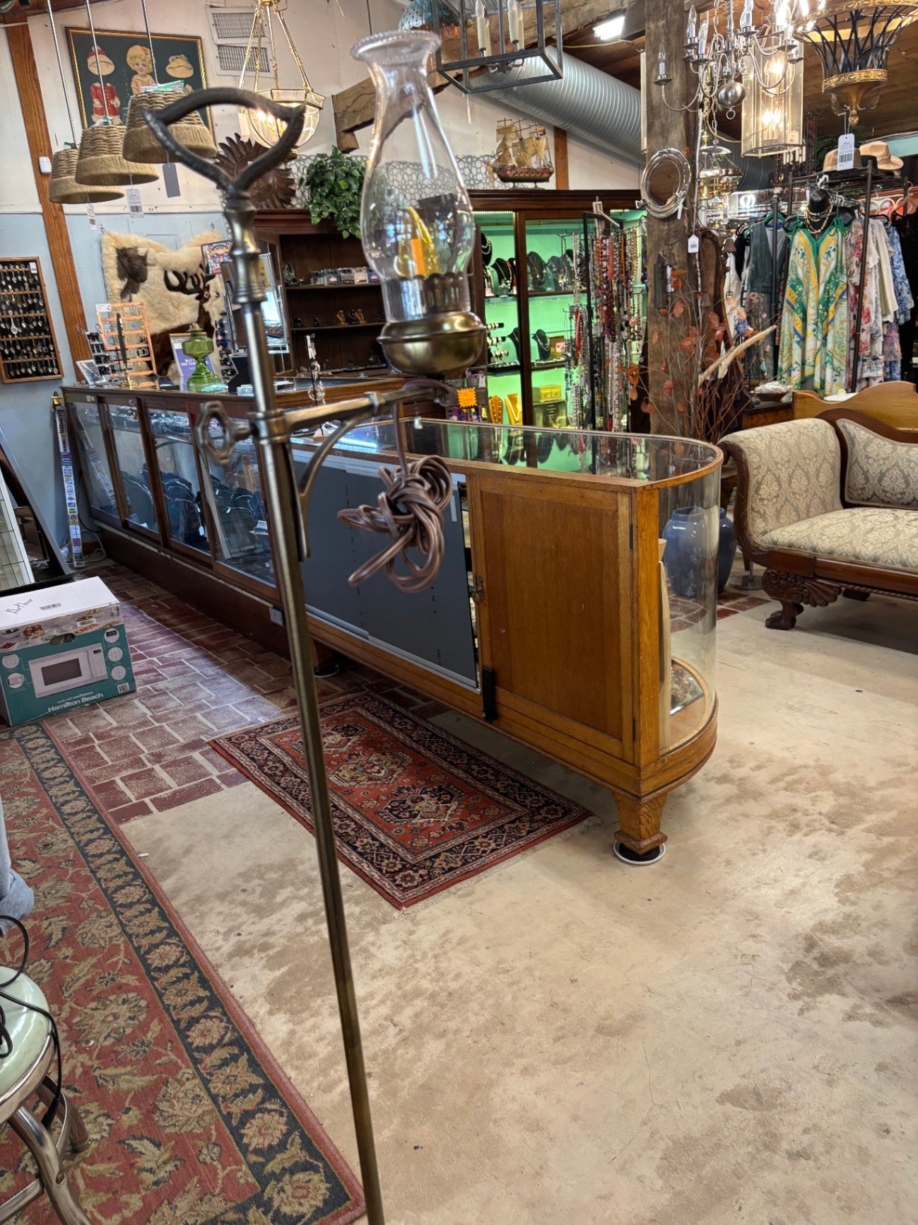 Vintage Brass Adjustable Student Floor Lamp with Hurricane Glass Shade – Colonial Style