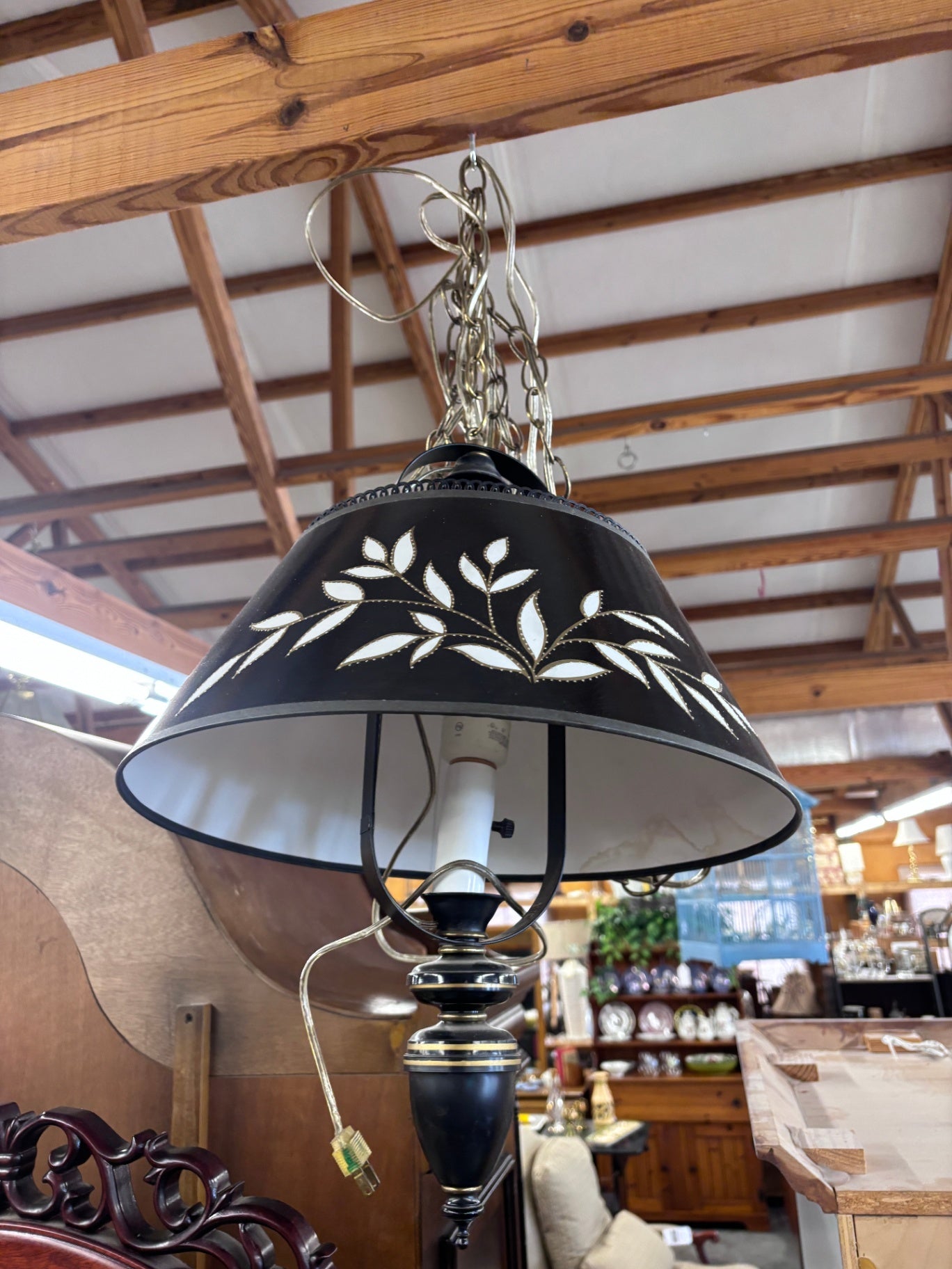 Vintage Black & Brass Hanging Swag Lamp with Pierced Floral Metal Shade