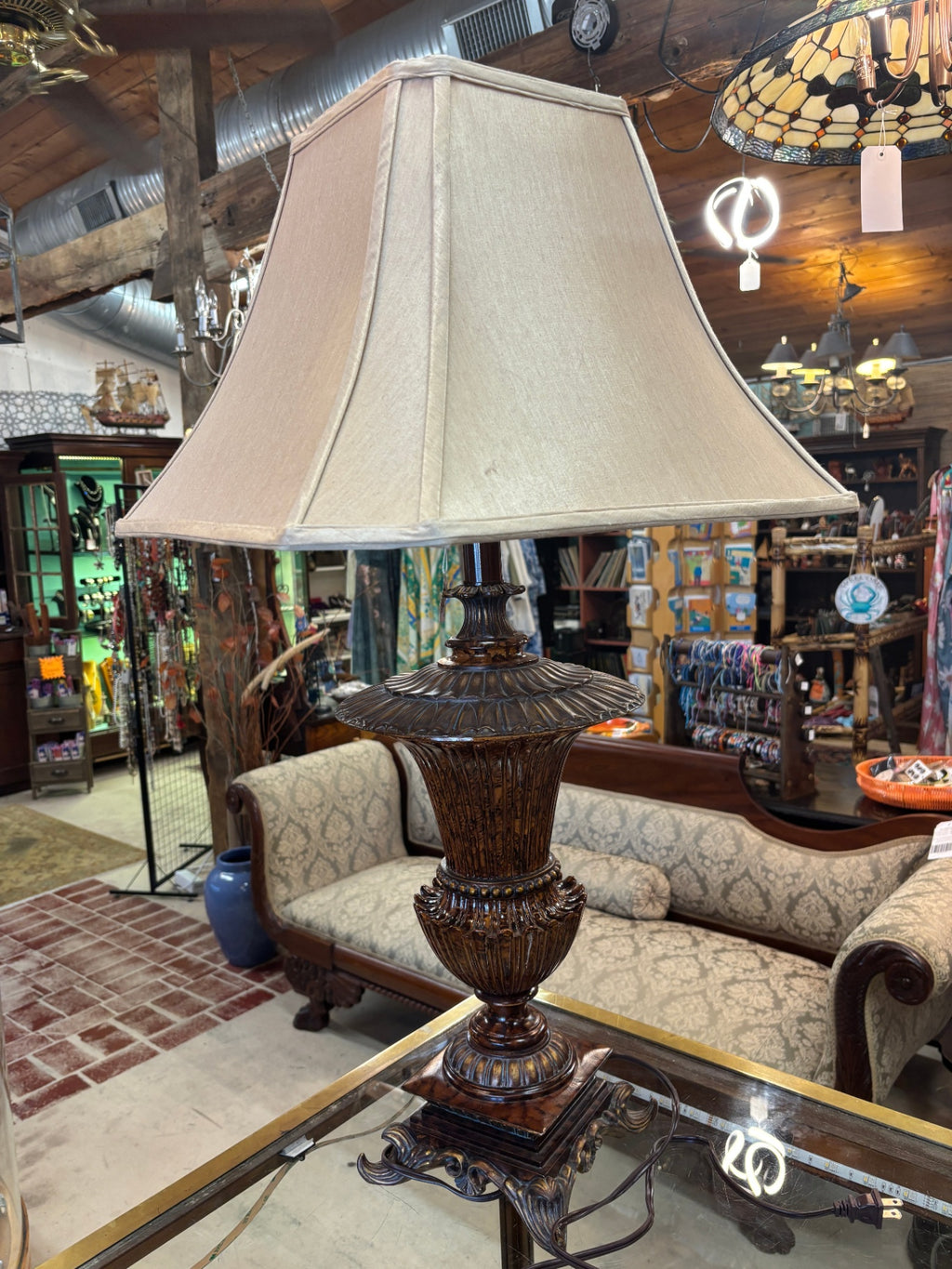 Large Neoclassical Urn Table Lamp – Carved Resin Antique Walnut Finish with Empire Shade