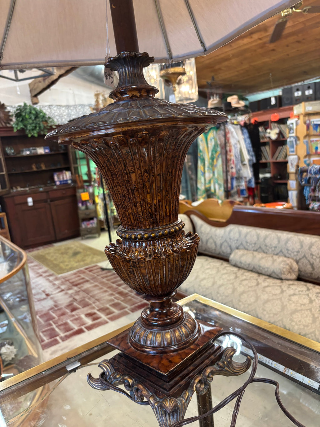 Large Neoclassical Urn Table Lamp – Carved Resin Antique Walnut Finish with Empire Shade