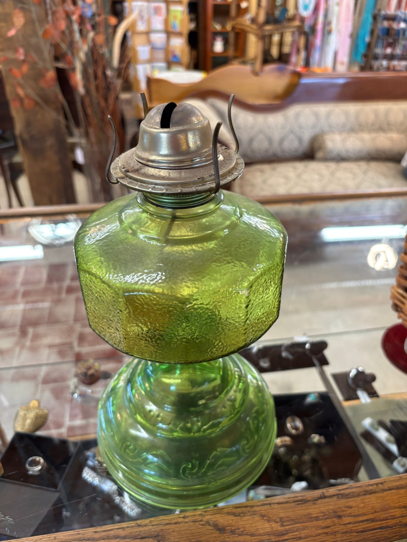 Vintage 1950s P A Ridson Green Press Molded Glass Kerosene Oil Lamp & Burner
