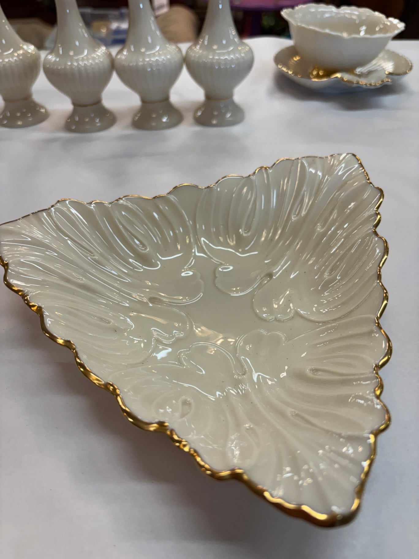 TRINKET TRAY by LENOX USA Triangle Shape 7" Across GOLD Trim Made In USA