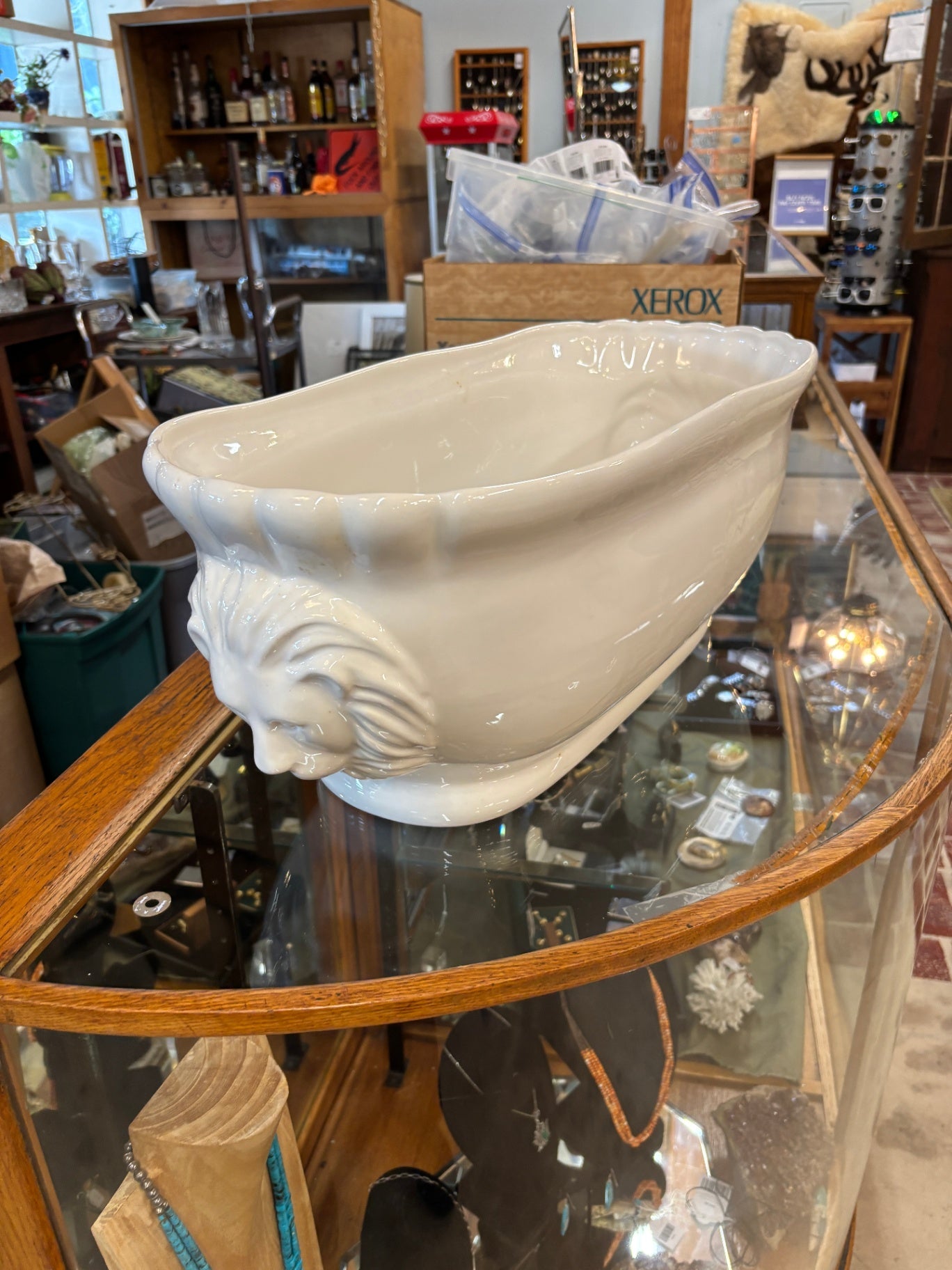 Large Italian White Ceramic Serving Bowl with Lions Heads