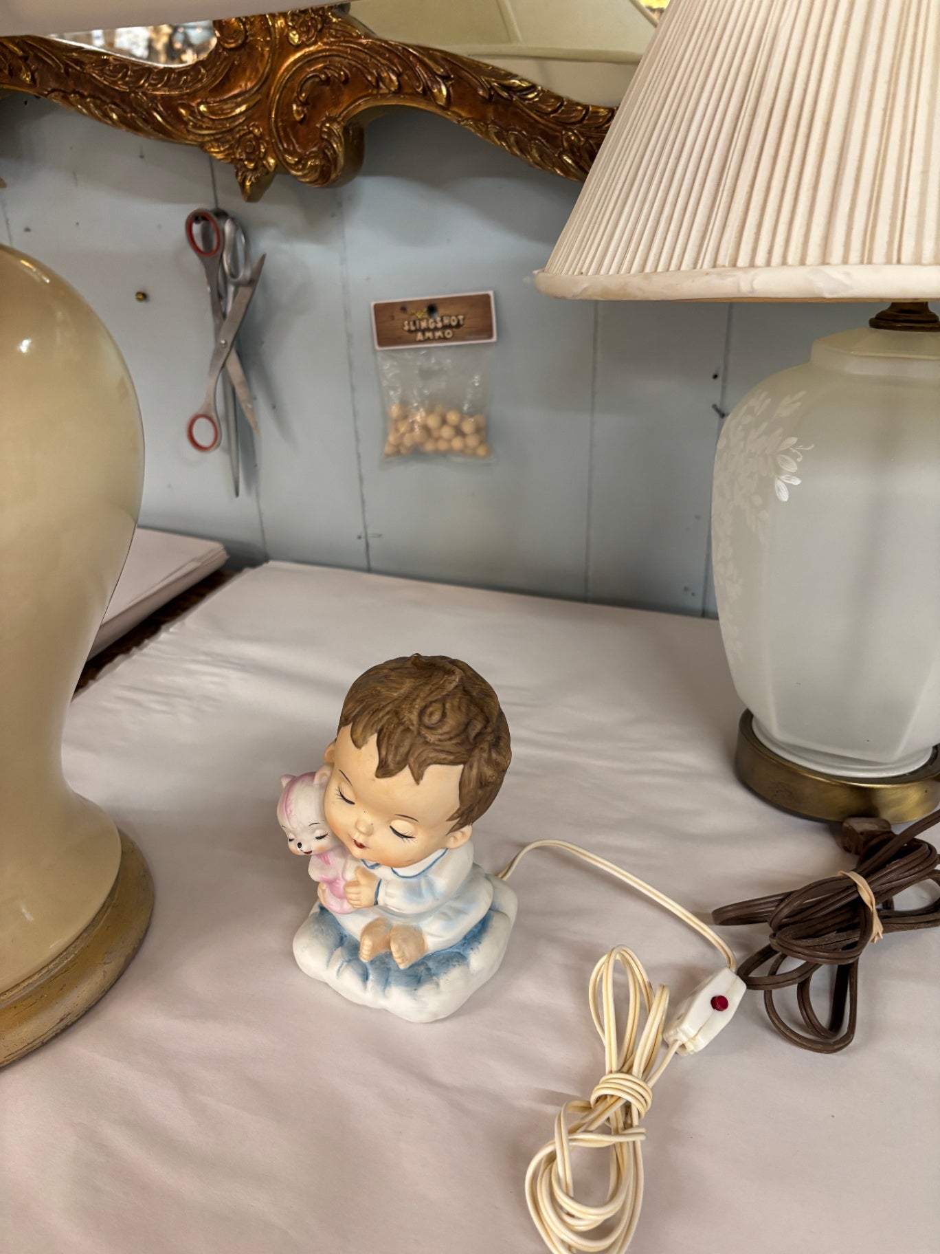 Vtg Sleeping Little Boy BIG HEAD & Teddy Bear Baby Night Light Lamp Ceramic 3D