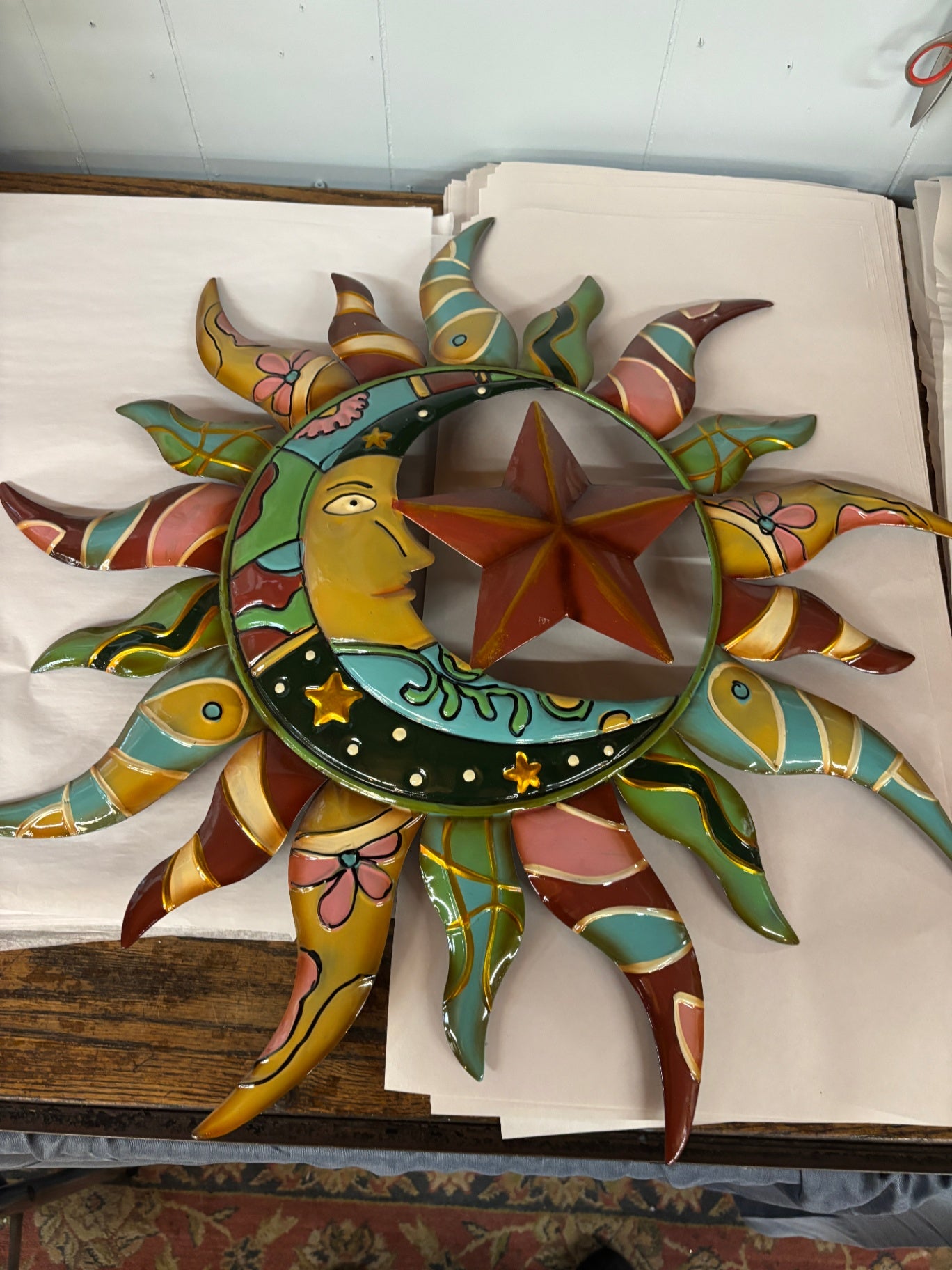 Colorful Enamel Metal Talavera Style Hanging Moon and Sun