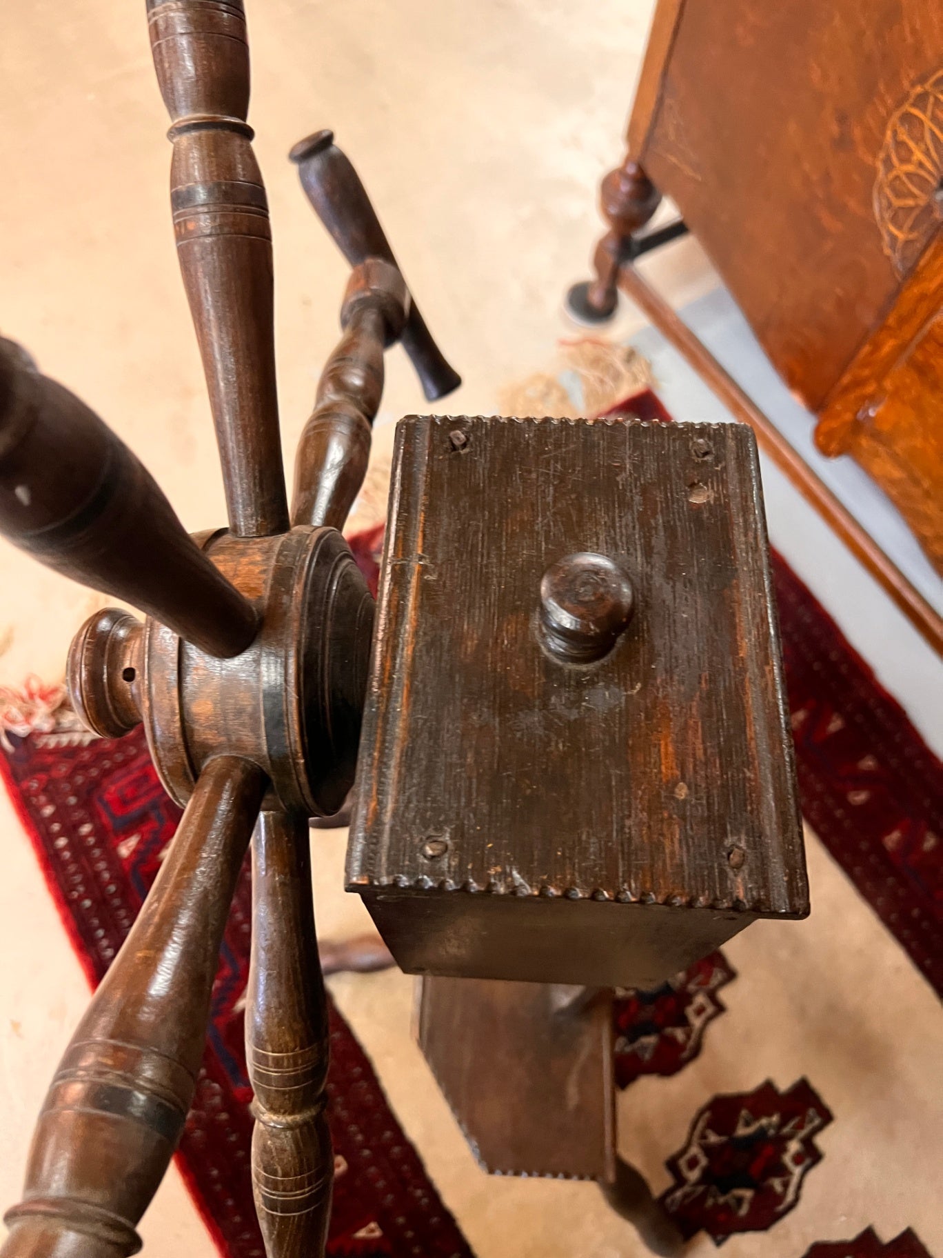 Antique 19th Century Wooden Yarn Reel Skein Winder with Storage Box – Primitive Wool Winding Wheel