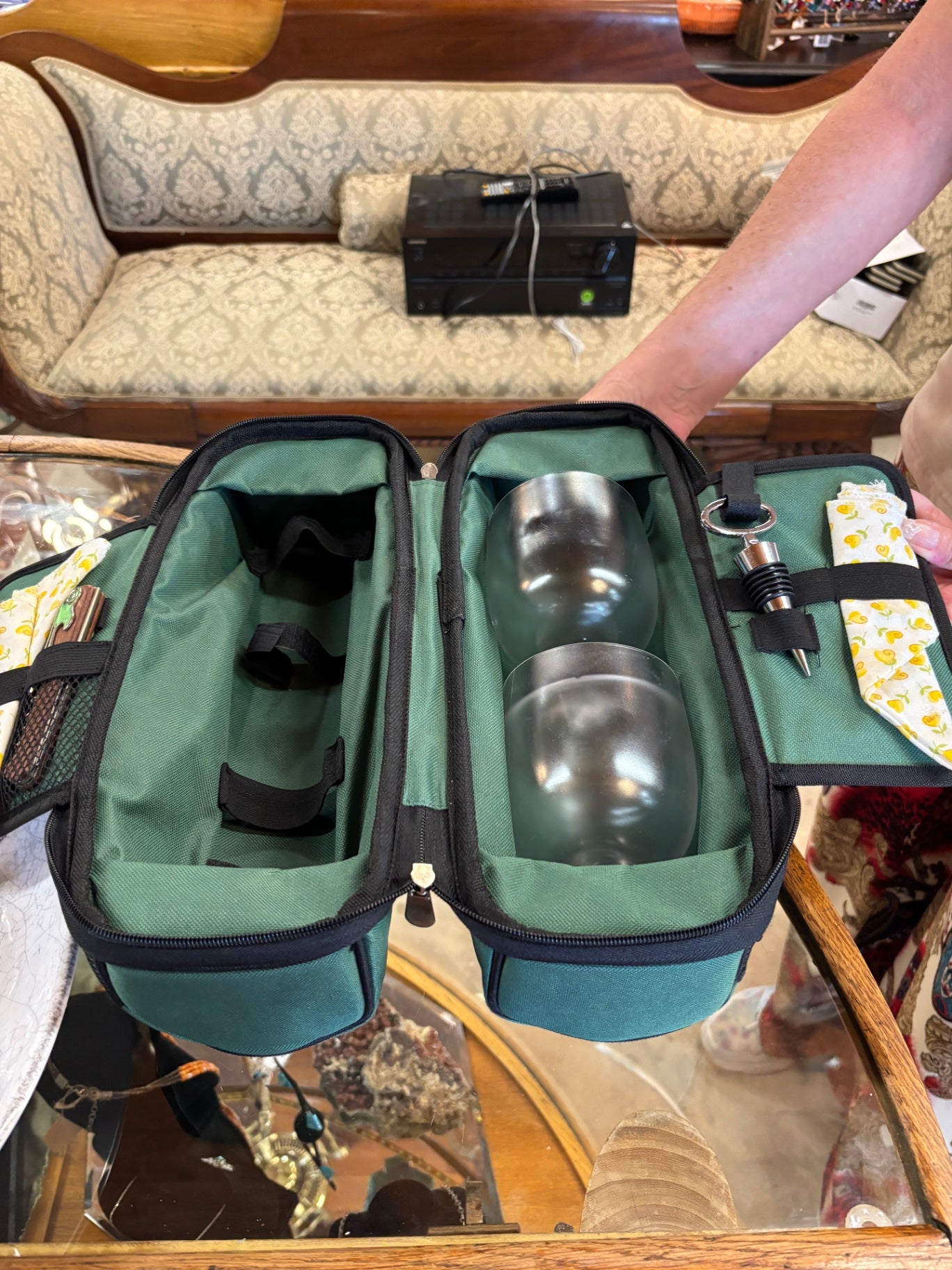 Wine Bottle Padded Carrier w Cups, Opener, Stopper 