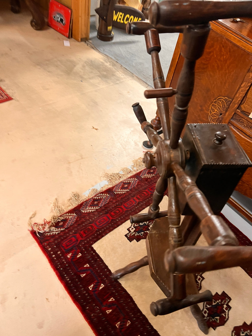 Antique 19th Century Wooden Yarn Reel Skein Winder with Storage Box – Primitive Wool Winding Wheel