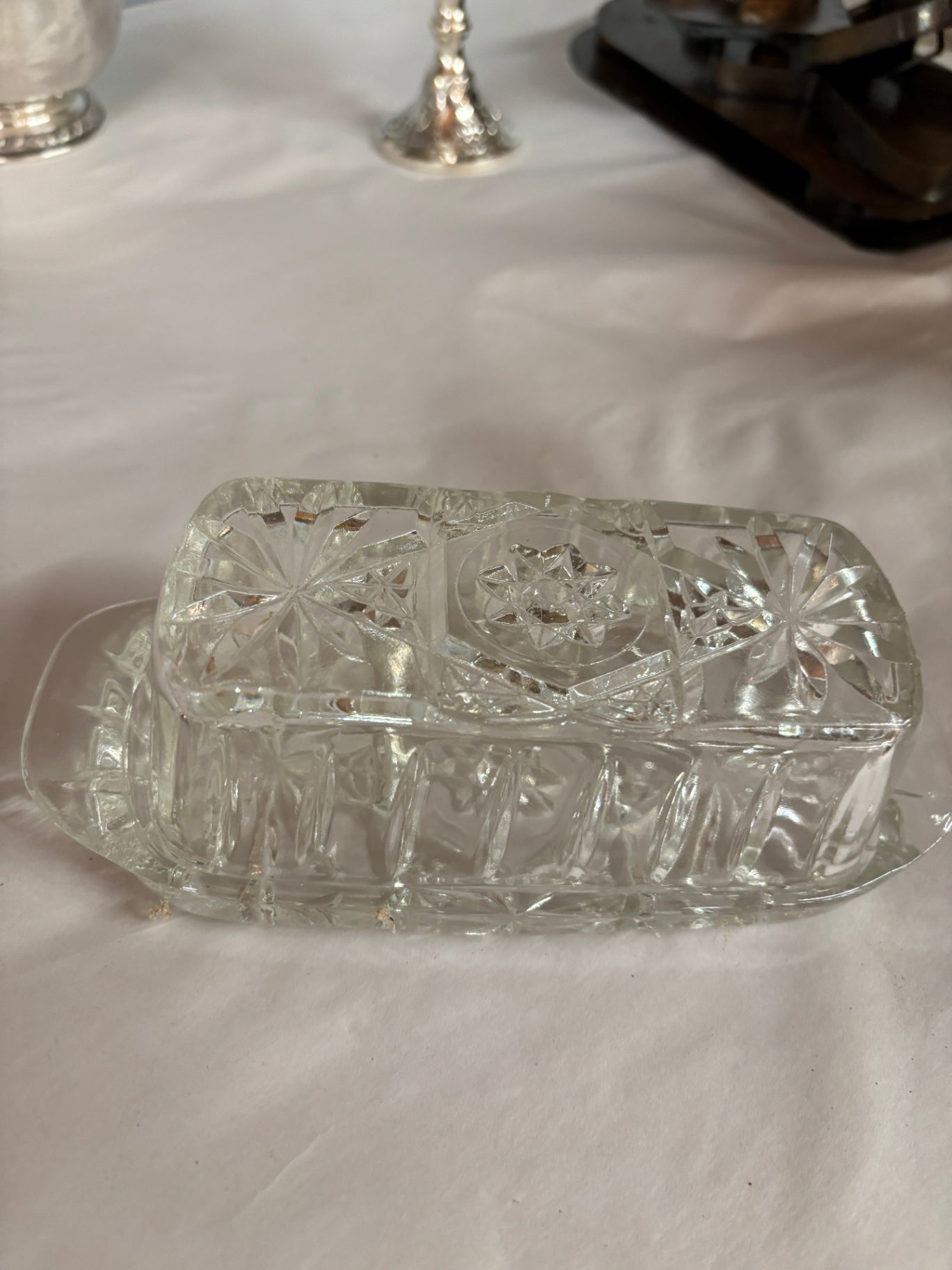 Vintage Anchor Hocking Clear Prescut Star Of David Butter Dish w/Lid 