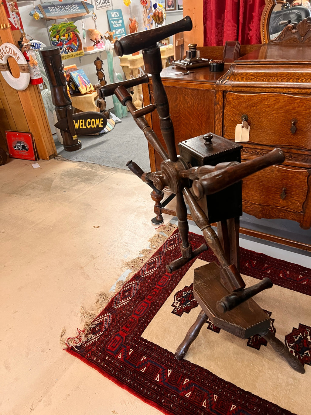 Antique 19th Century Wooden Yarn Reel Skein Winder with Storage Box – Primitive Wool Winding Wheel