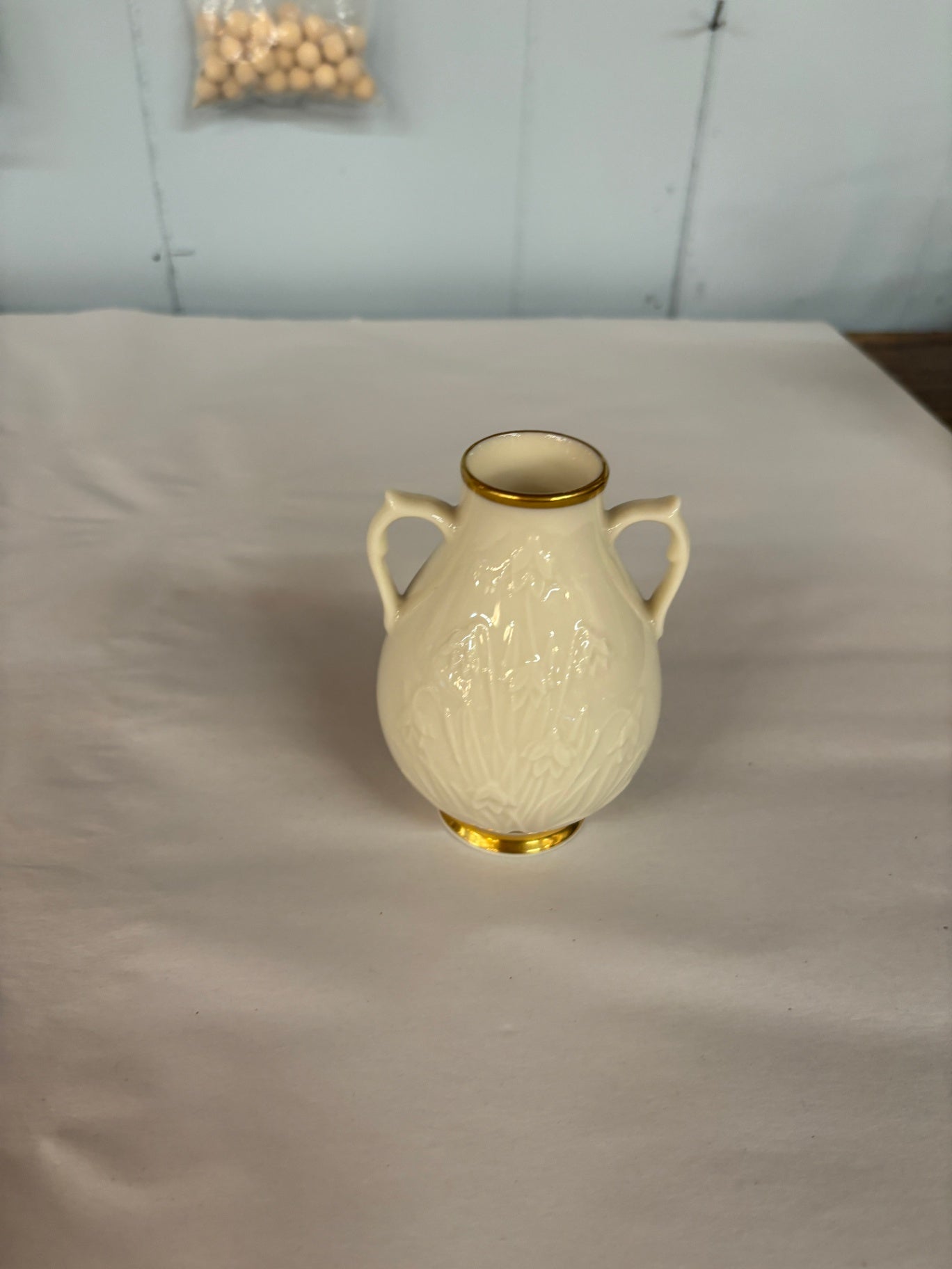 Vintage Lenox Ivory Embossed Floral Morning Glory Vase Cream Gold Trim USA EUC