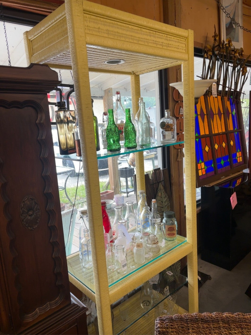 Yellow Wicker/Rattan Display Shelving with glass shelves